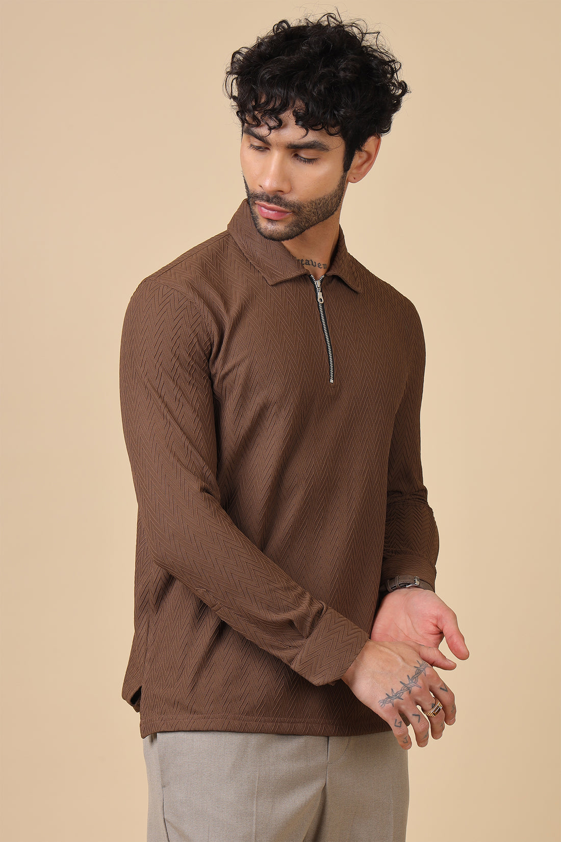 Brown Chevron-Texture Half-Zip Collar Shirt