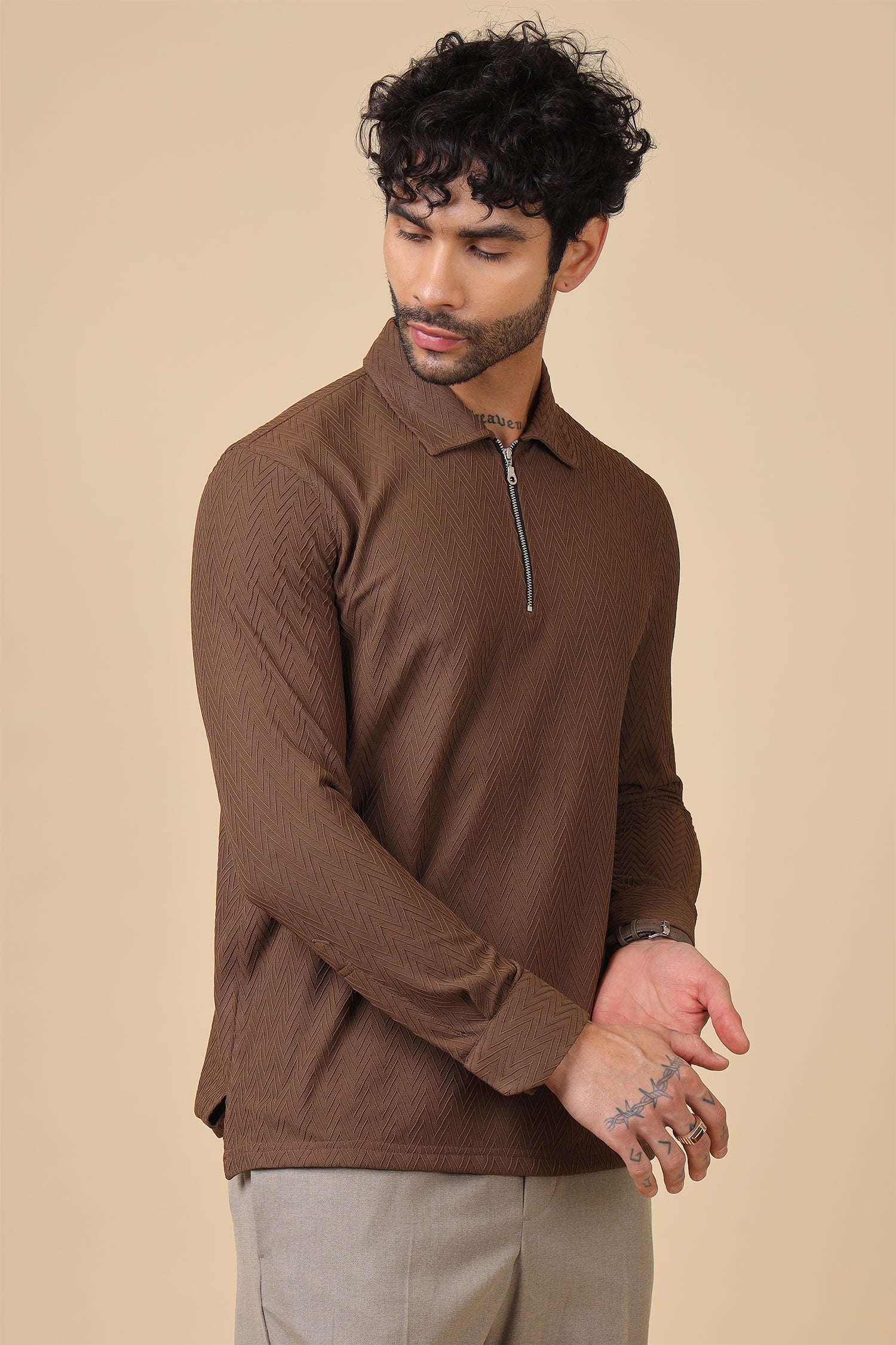 Brown Chevron-Texture Half-Zip Collar Shirt