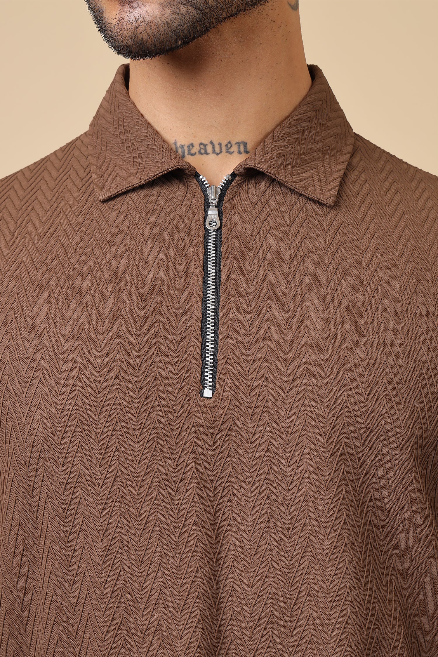 Brown Chevron-Texture Half-Zip Collar Shirt