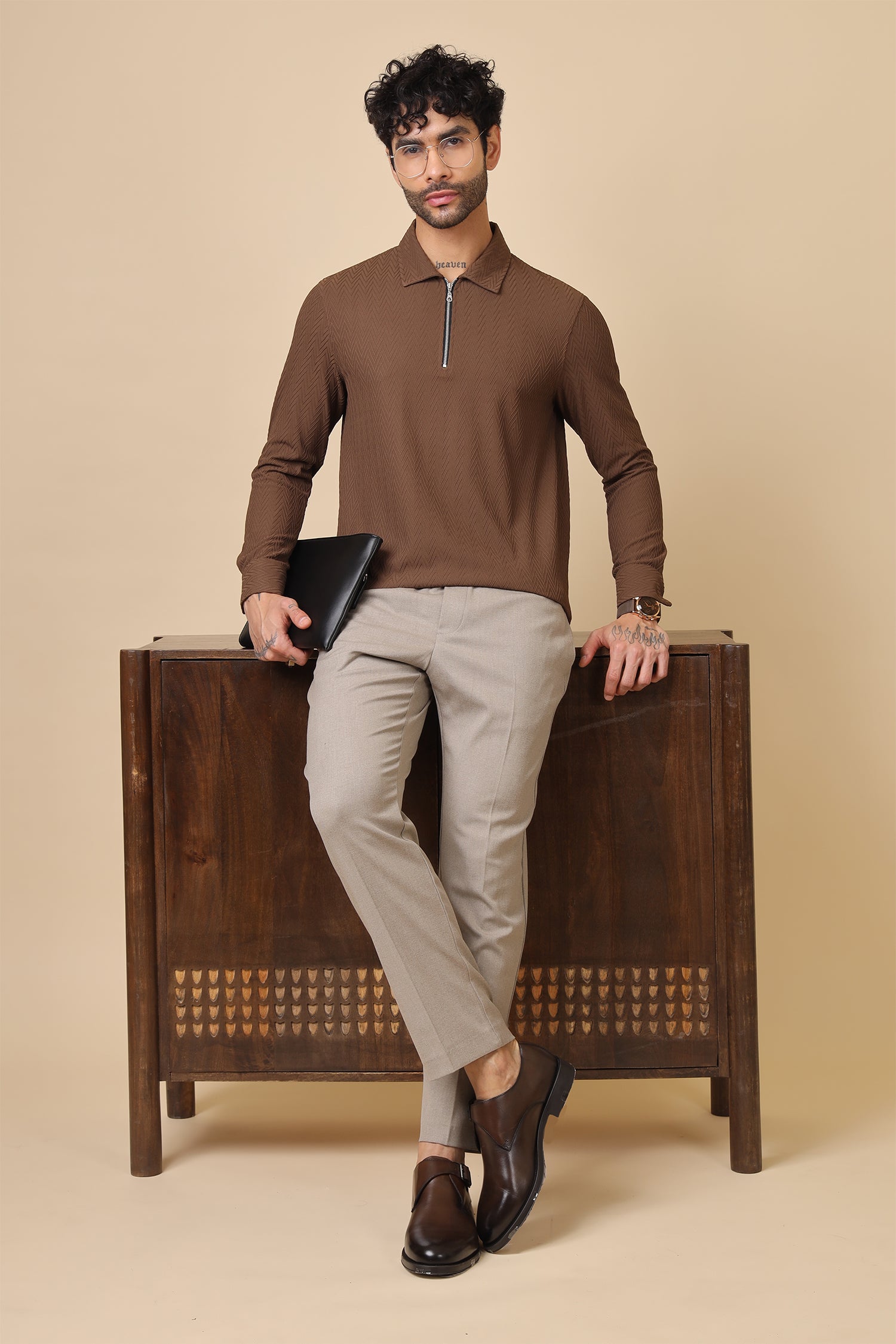 Brown Chevron-Texture Half-Zip Collar Shirt