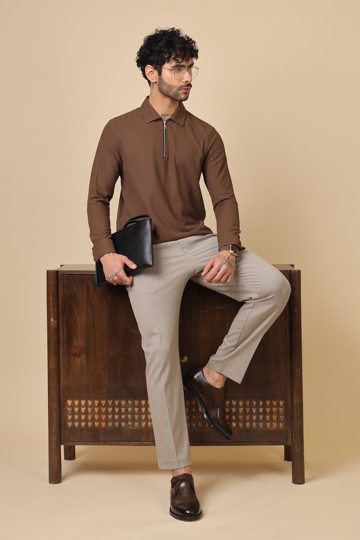 Brown Chevron-Texture Half-Zip Collar Shirt