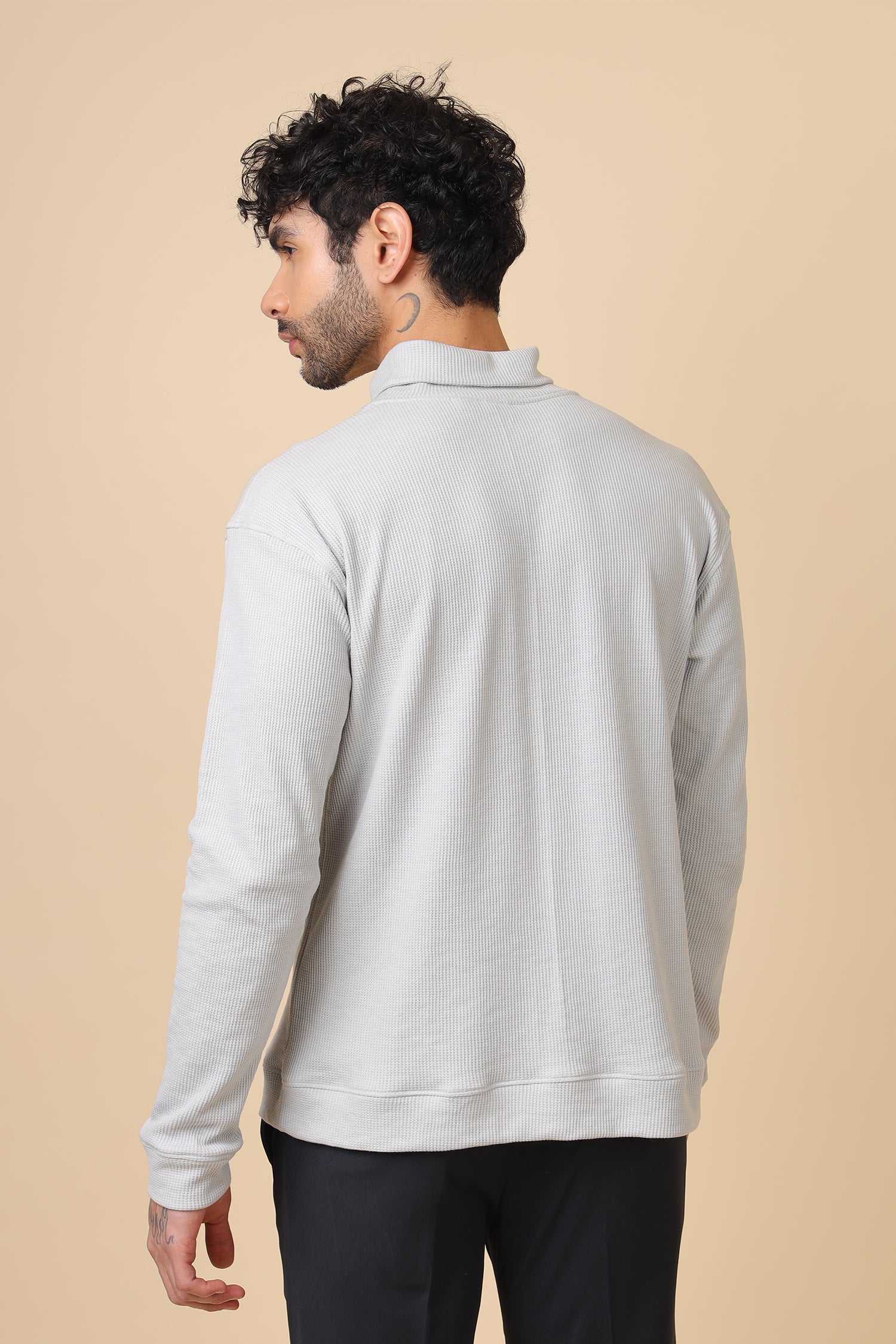 Grey Waffle-Knit Relaxed Turtleneck Pullover