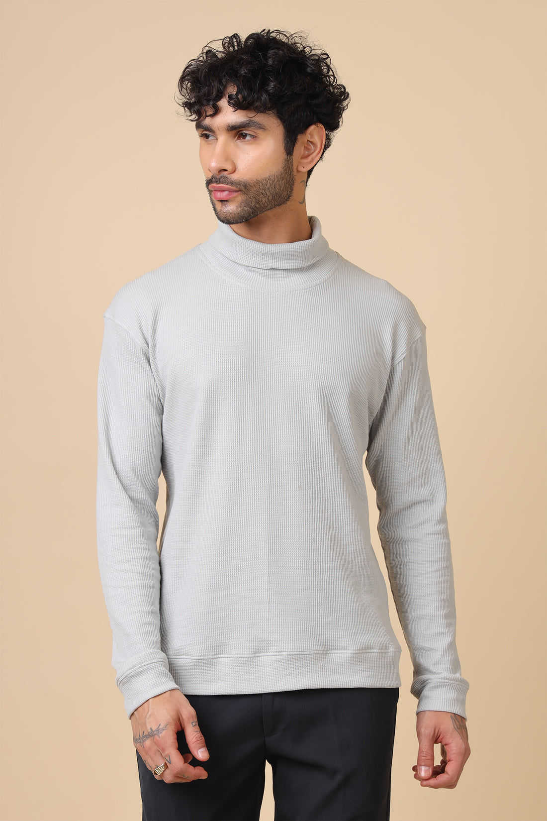 Grey Waffle-Knit Relaxed Turtleneck Pullover