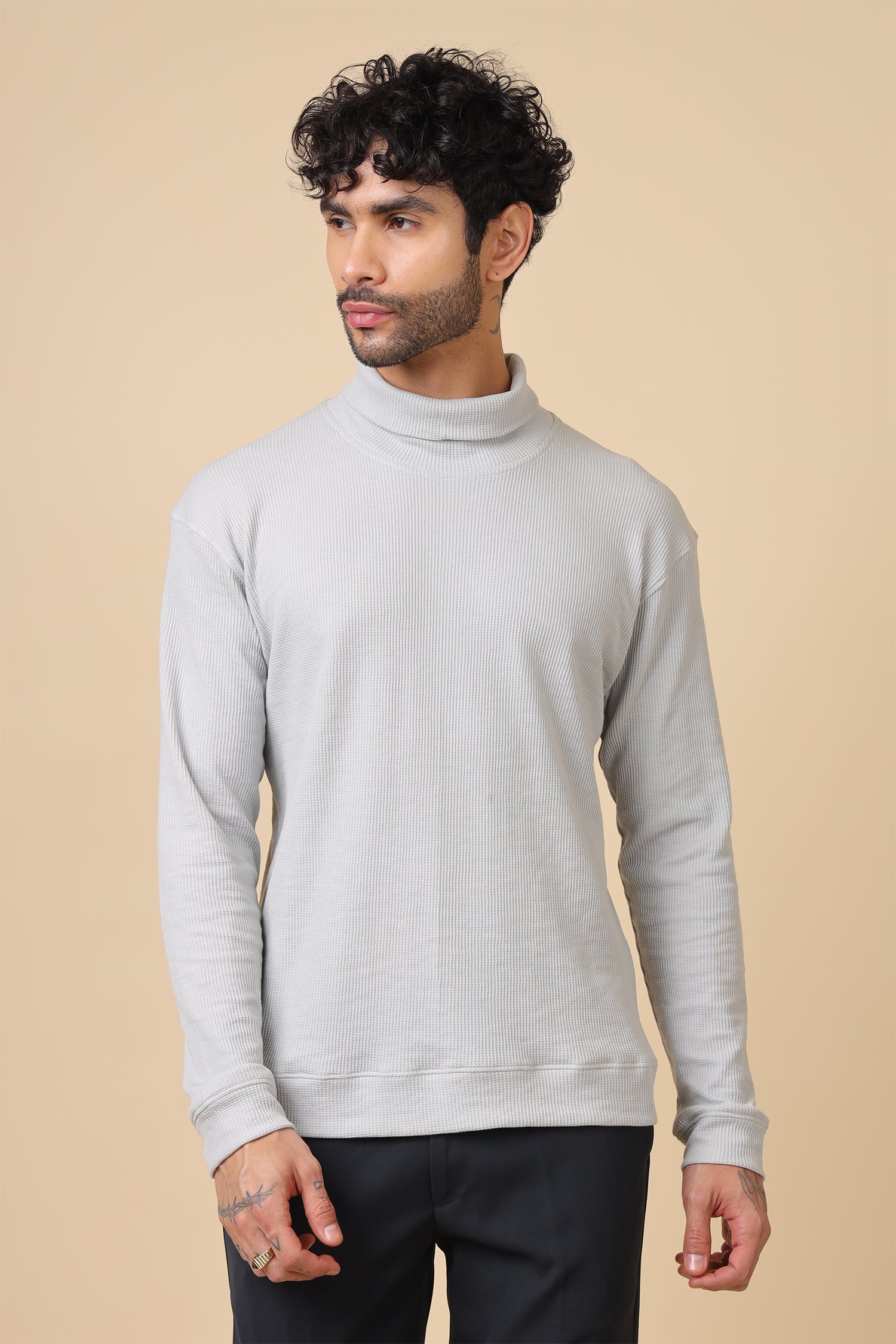 Grey Waffle-Knit Relaxed Turtleneck Pullover