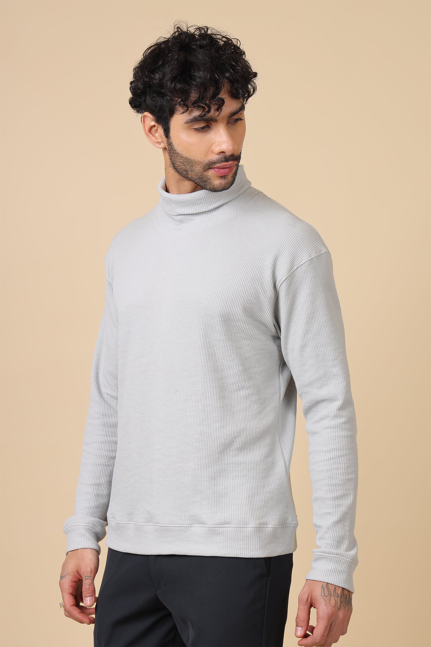 Grey Waffle-Knit Relaxed Turtleneck Pullover
