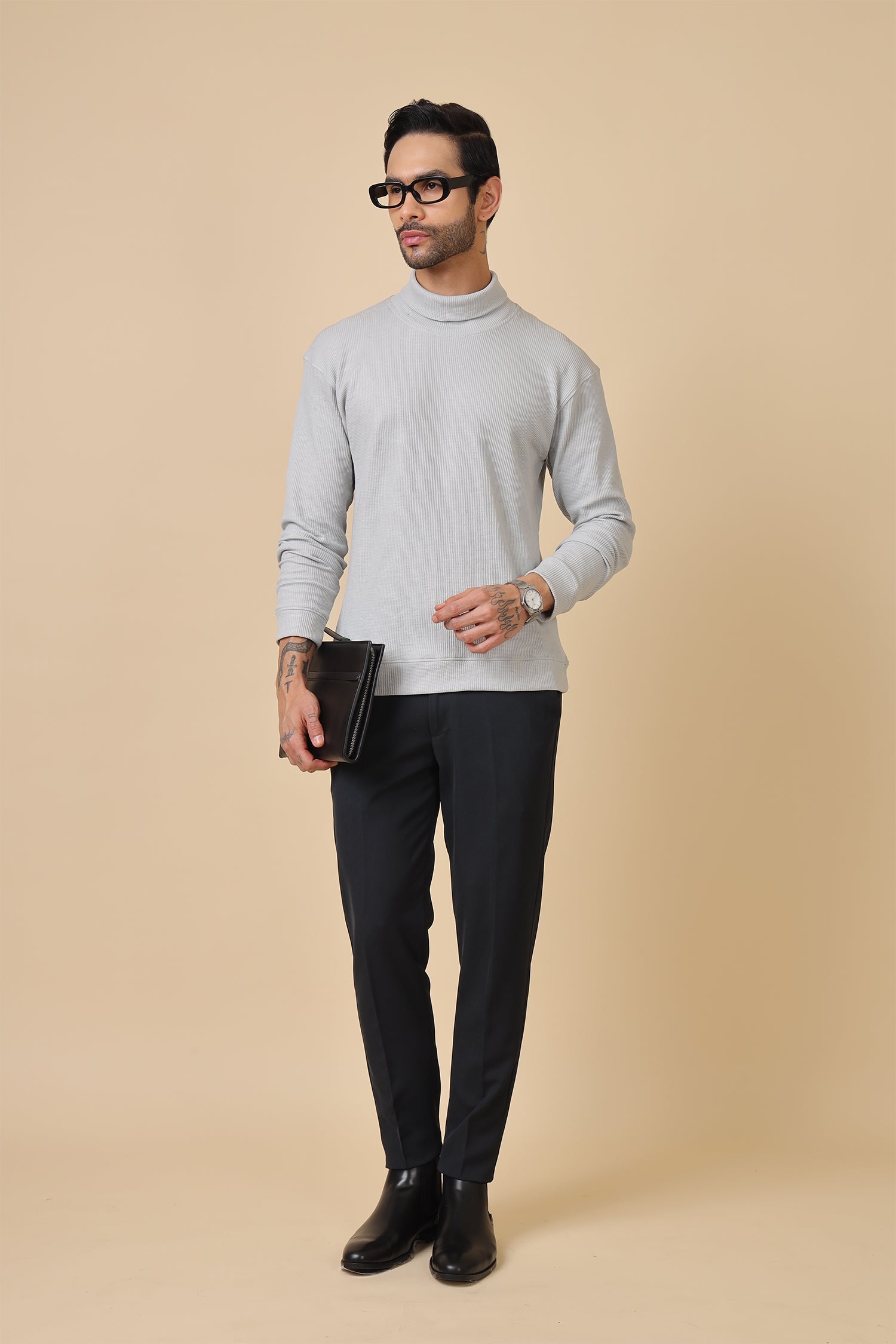 Grey Waffle-Knit Relaxed Turtleneck Pullover