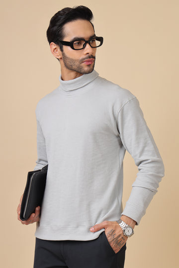 Grey Waffle-Knit Relaxed Turtleneck Pullover