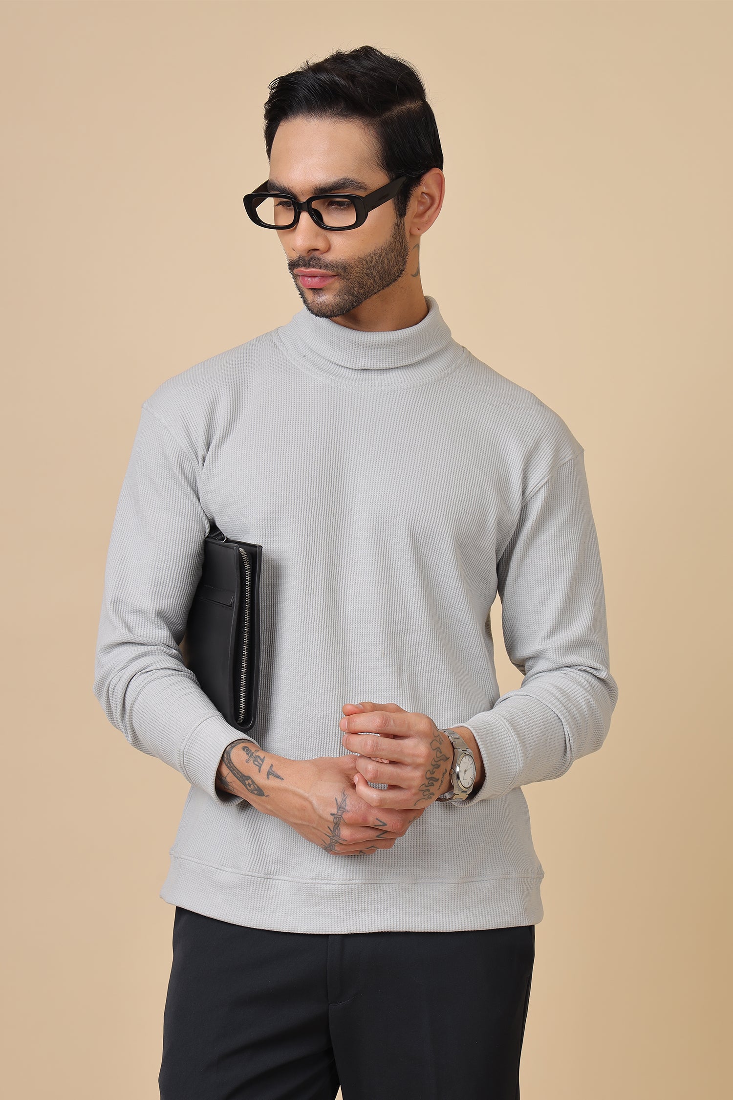 Grey Waffle-Knit Relaxed Turtleneck Pullover