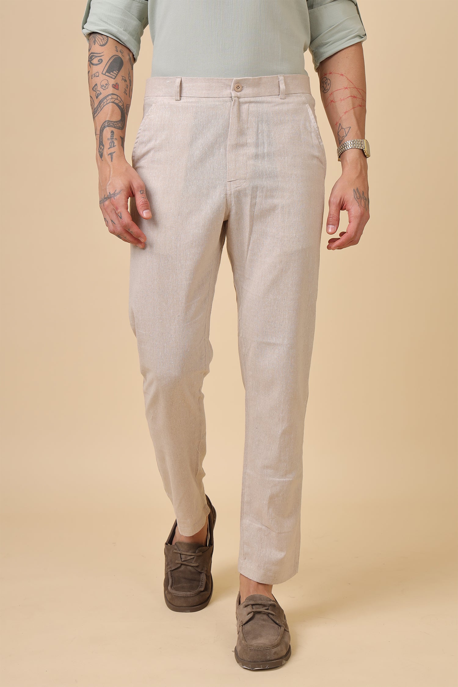 Men'S Beige Textured Cotton Casual Trouser