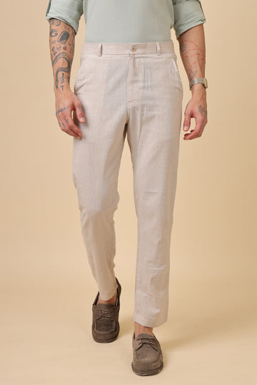 Men'S Beige Textured Cotton Casual Trouser