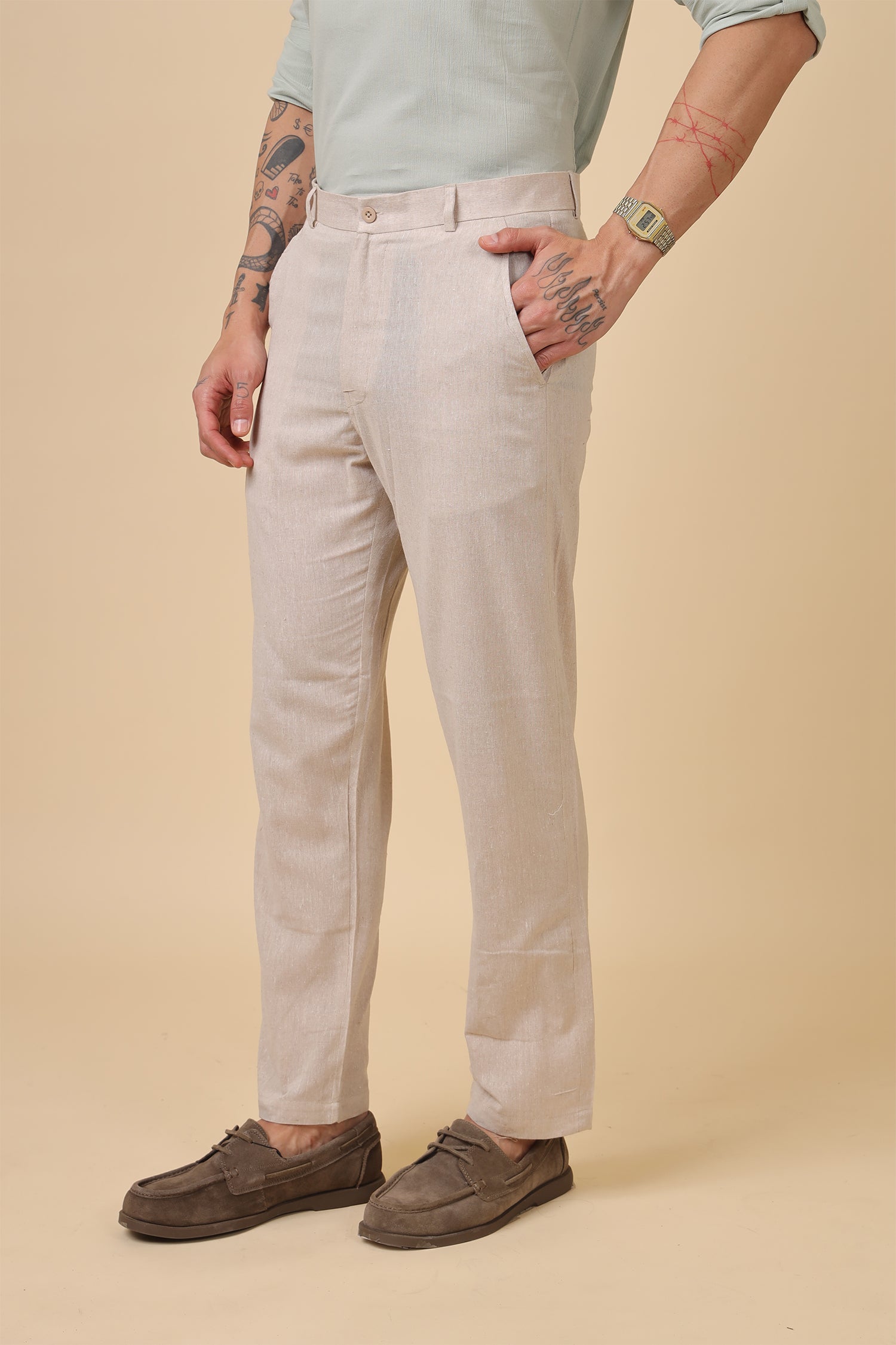 Men'S Beige Textured Cotton Casual Trouser