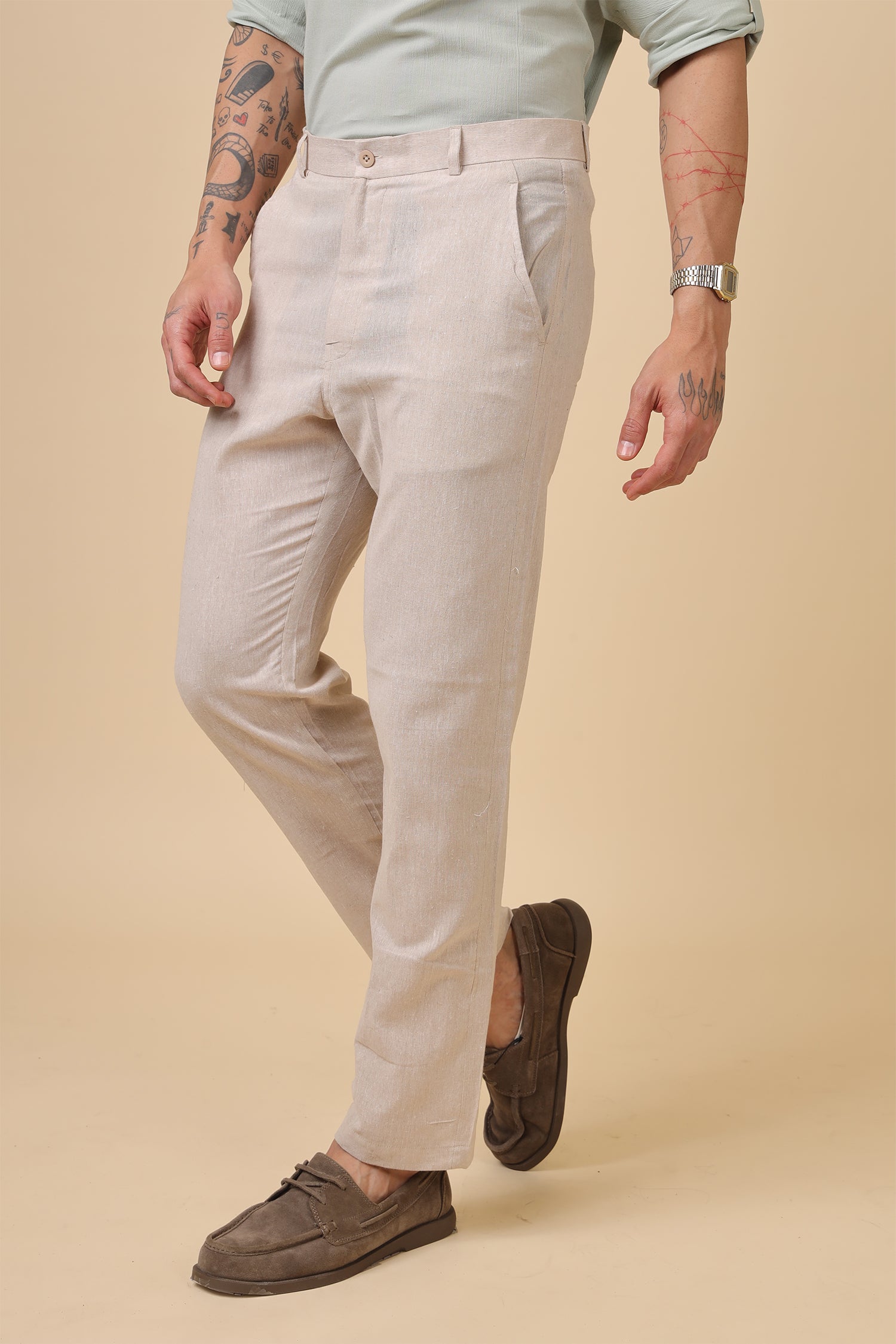 Men'S Beige Textured Cotton Casual Trouser