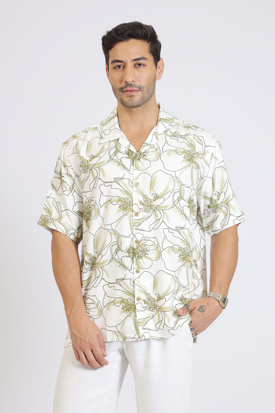 GREEN FLOWER PRINT RAYON SHIRT