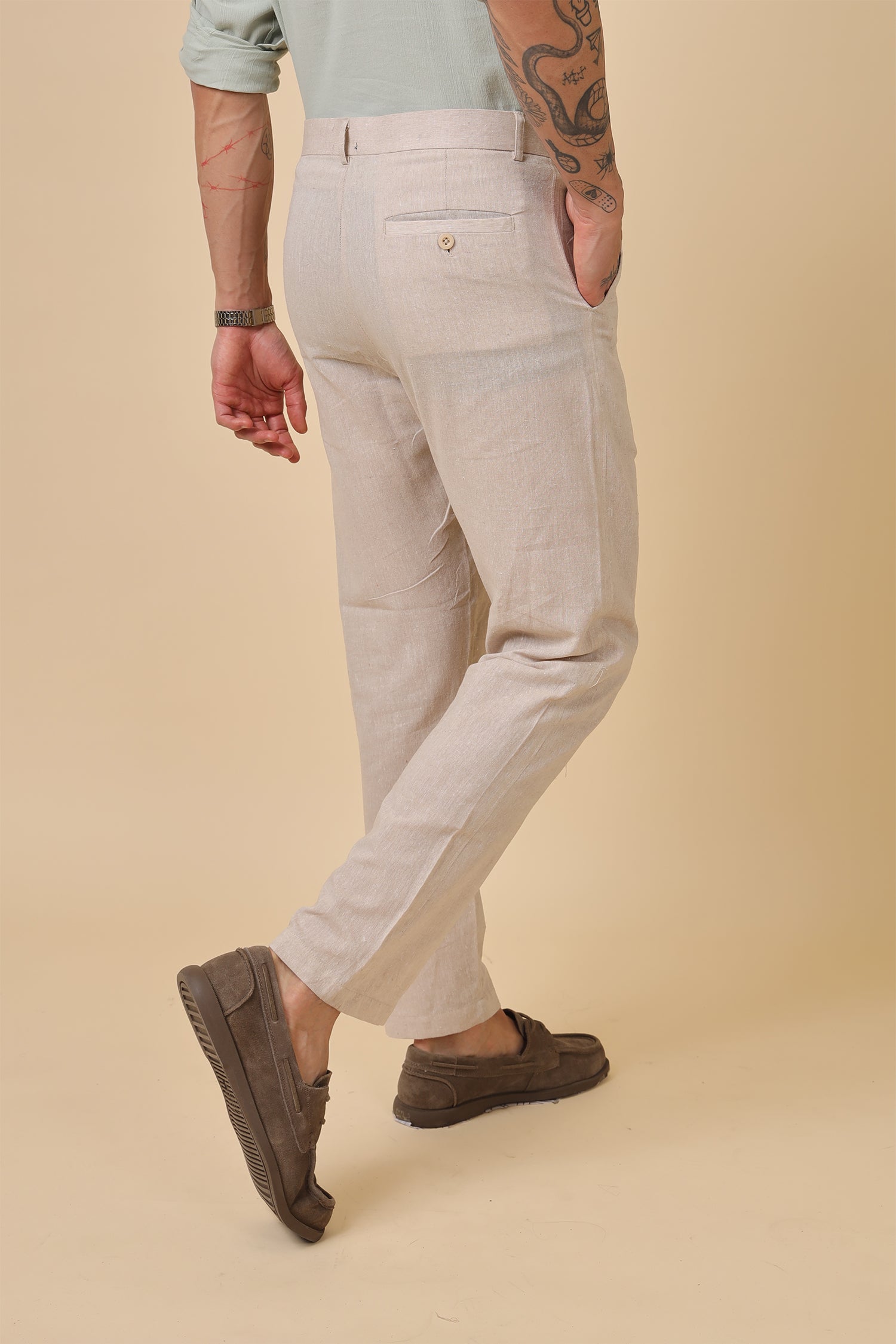 Men'S Beige Textured Cotton Casual Trouser