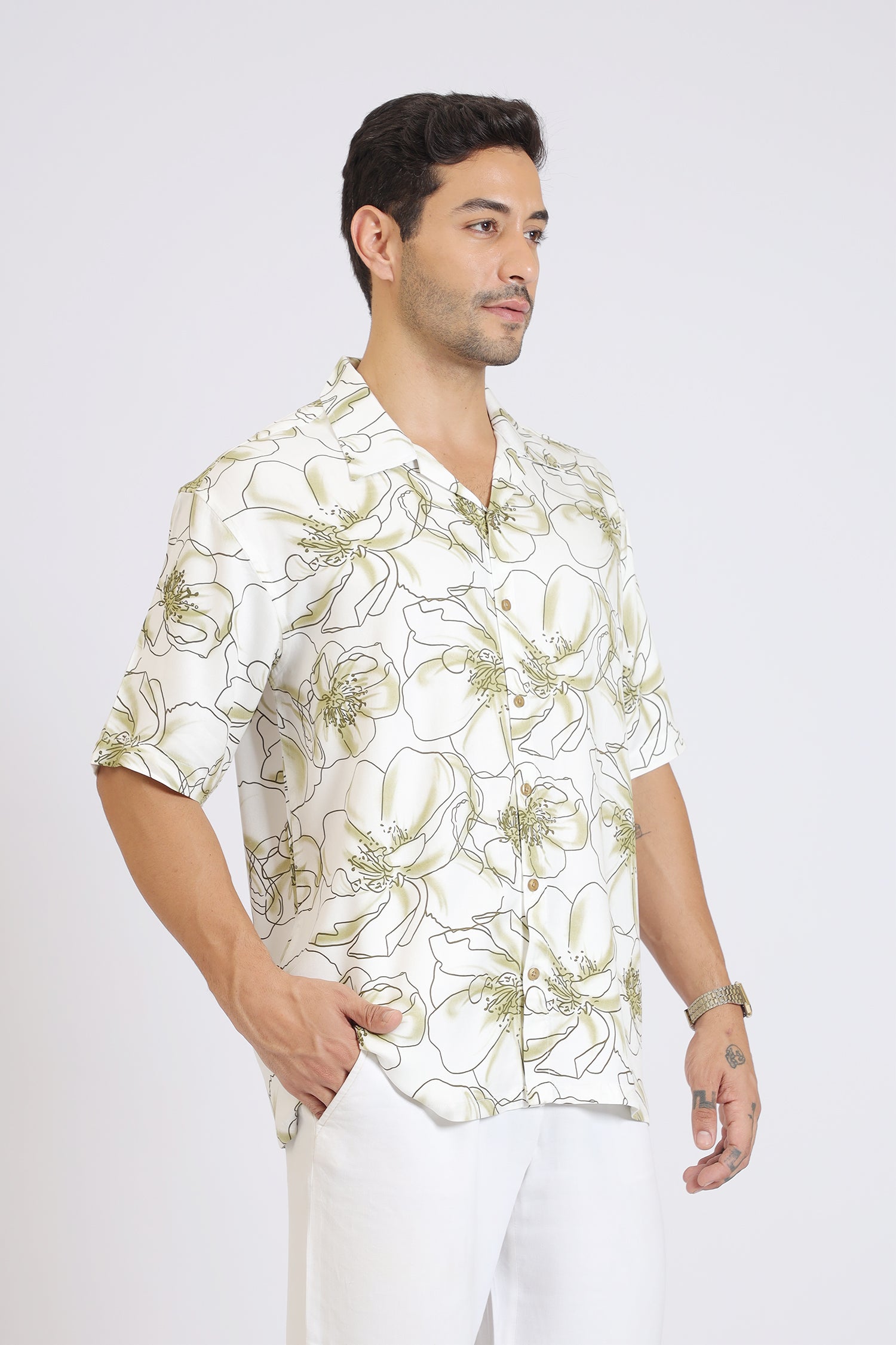GREEN FLOWER PRINT RAYON SHIRT