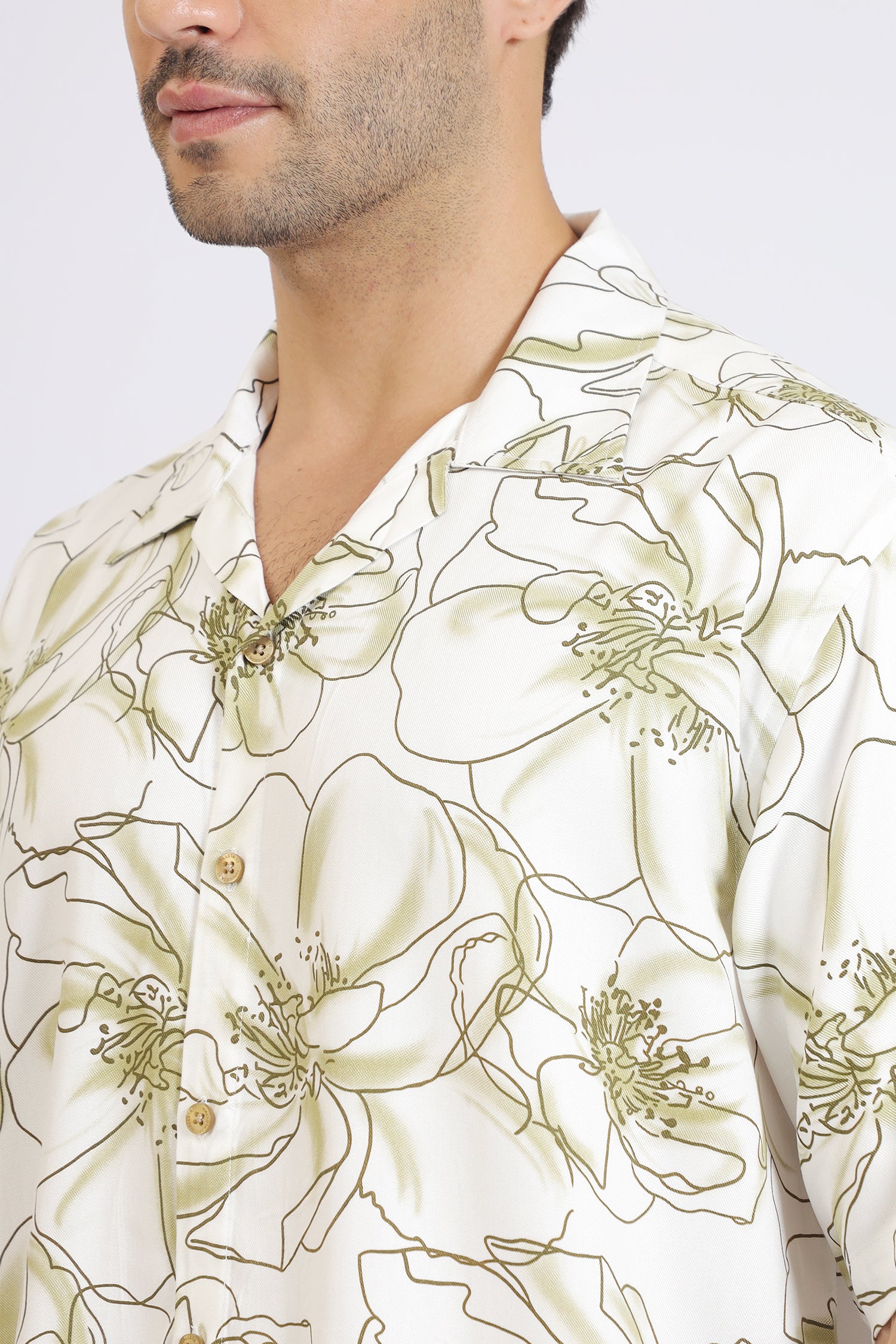 GREEN FLOWER PRINT RAYON SHIRT