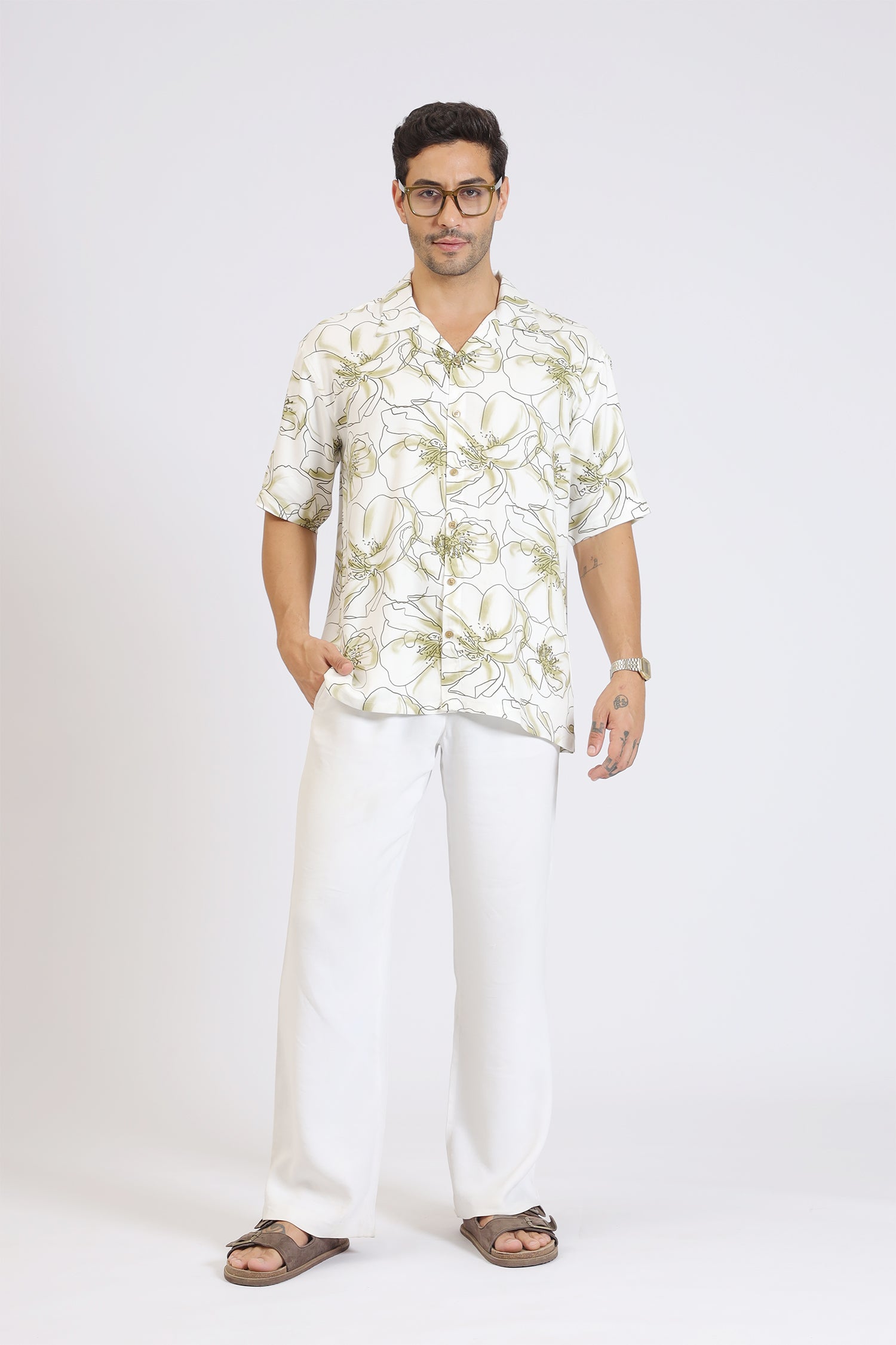 GREEN FLOWER PRINT RAYON SHIRT