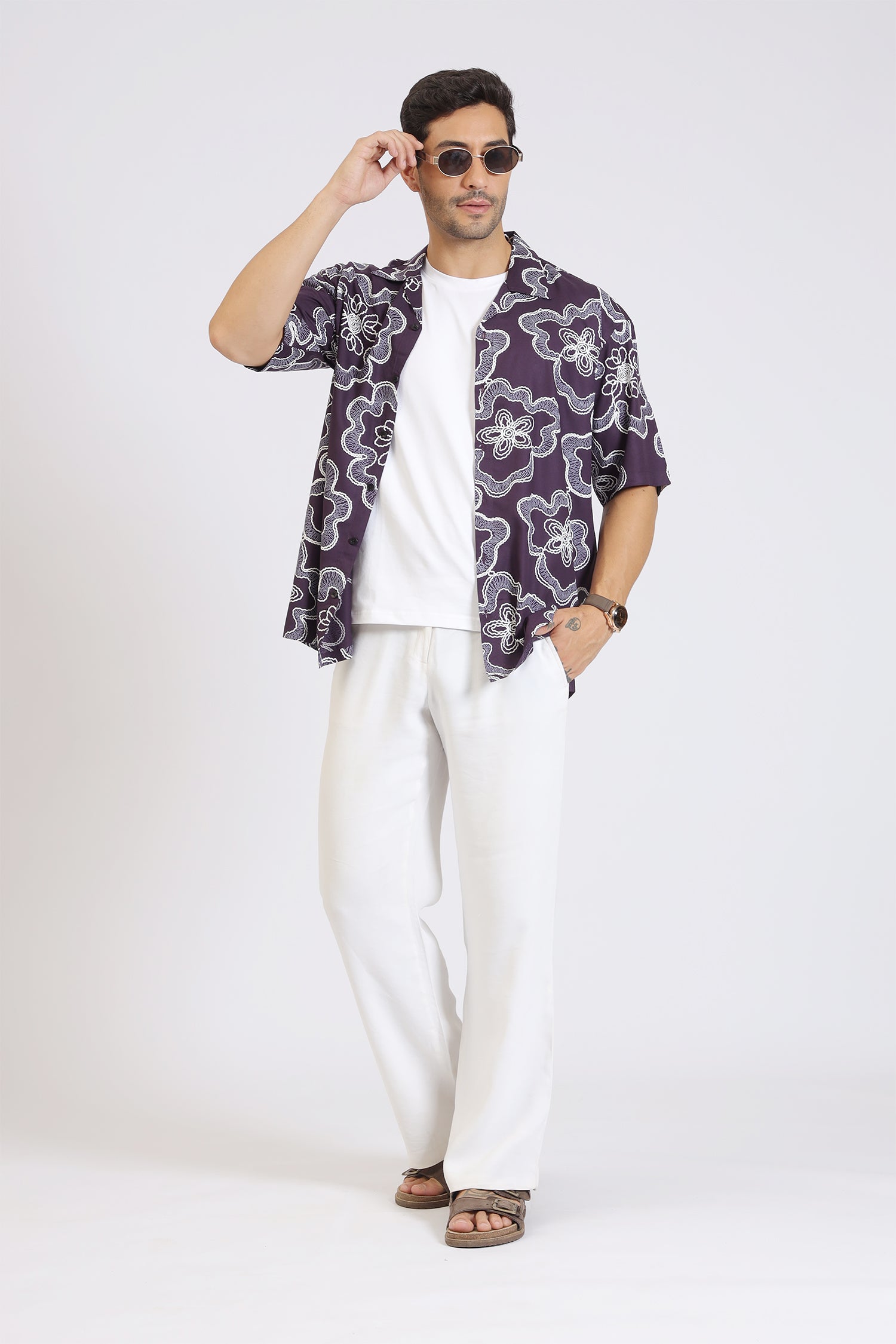 PURPLE FLOWER PRINT RAYON SHIRT