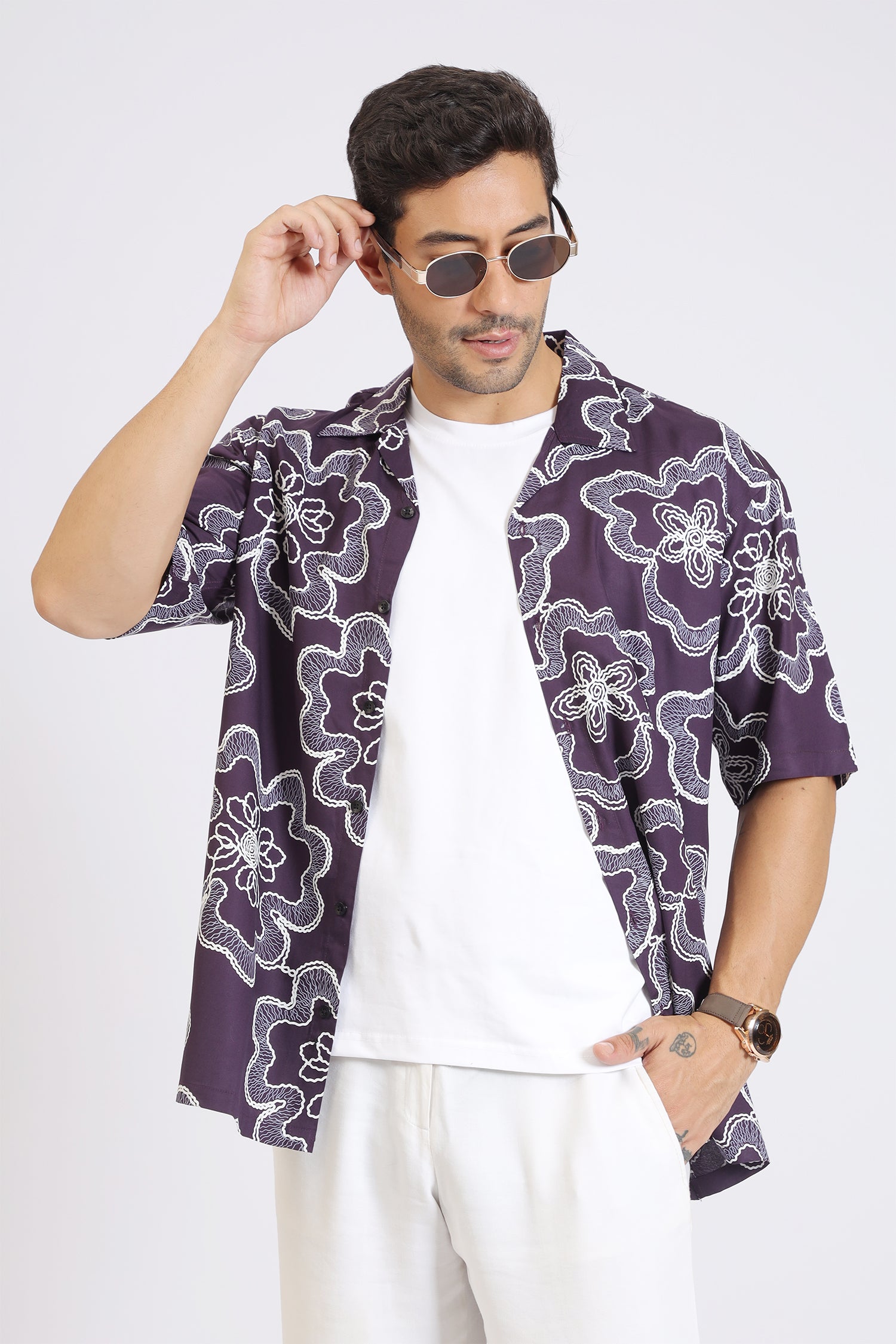 PURPLE FLOWER PRINT RAYON SHIRT