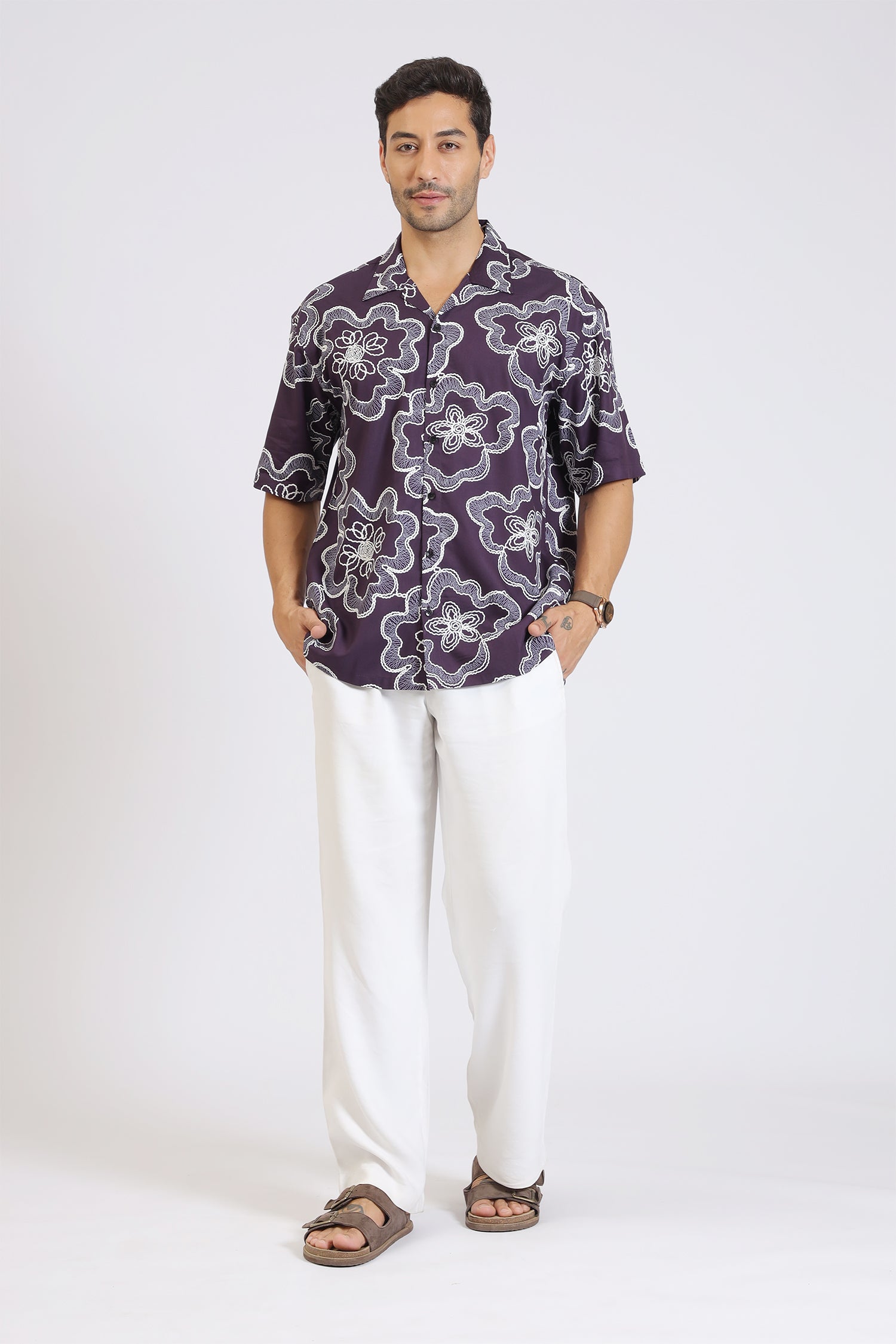 PURPLE FLOWER PRINT RAYON SHIRT