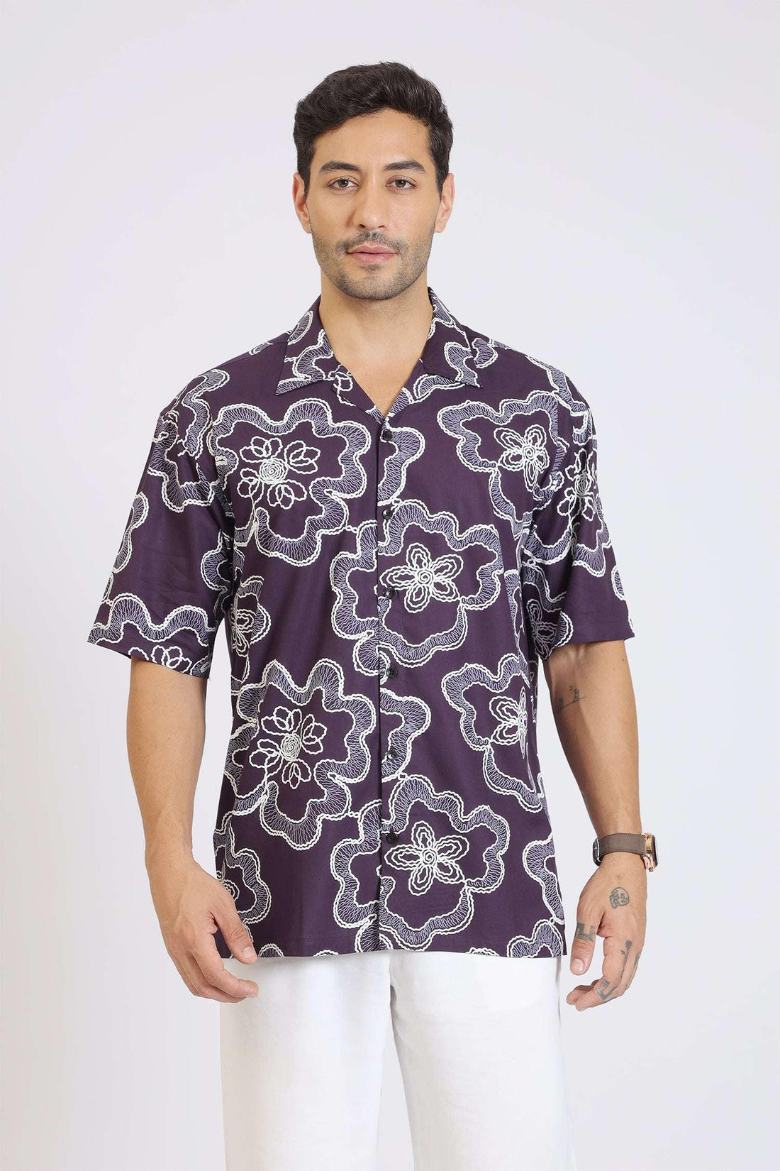 PURPLE FLOWER PRINT RAYON SHIRT