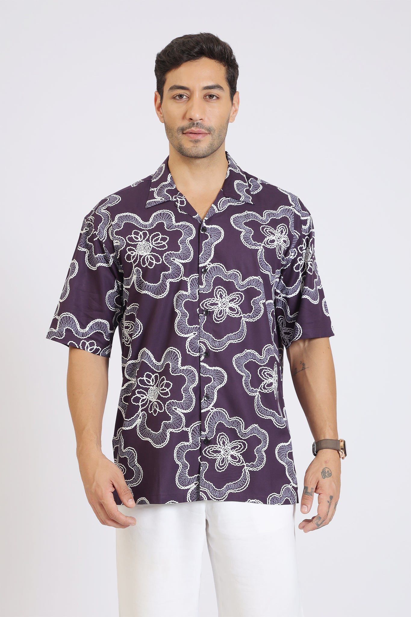 PURPLE FLOWER PRINT RAYON SHIRT