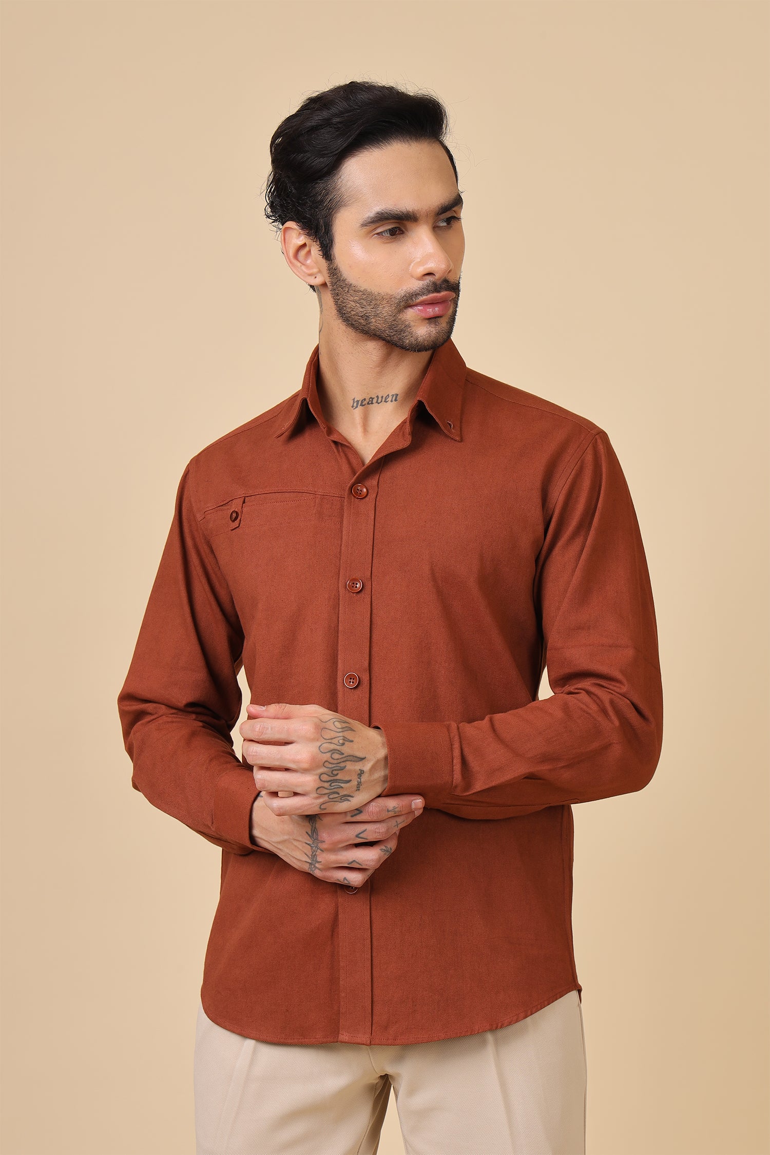 Textured Brown Casual Shirt With Chest Utility Detail