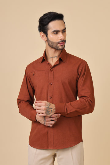 Textured Brown Casual Shirt With Chest Utility Detail