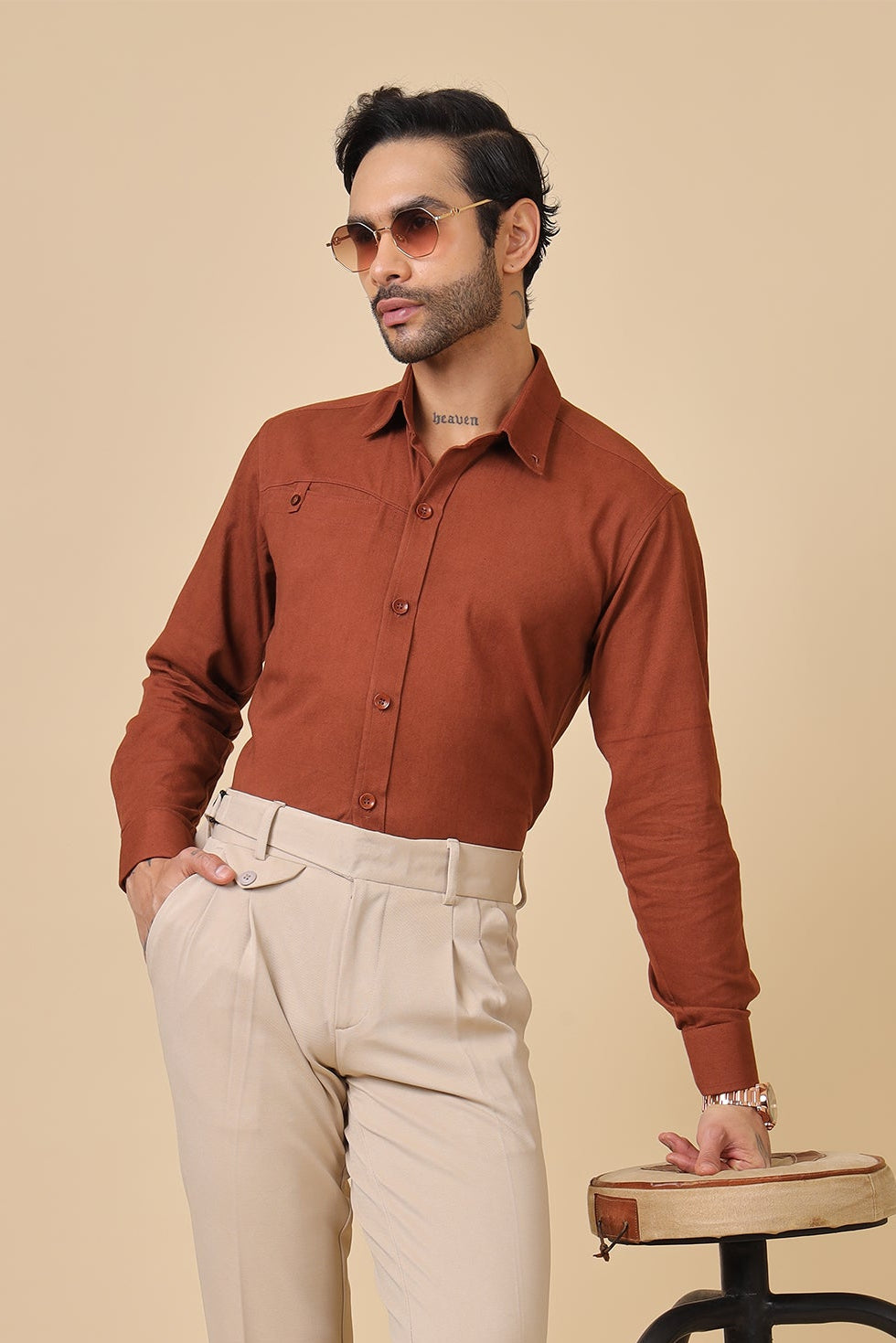 Textured Brown Casual Shirt With Chest Utility Detail