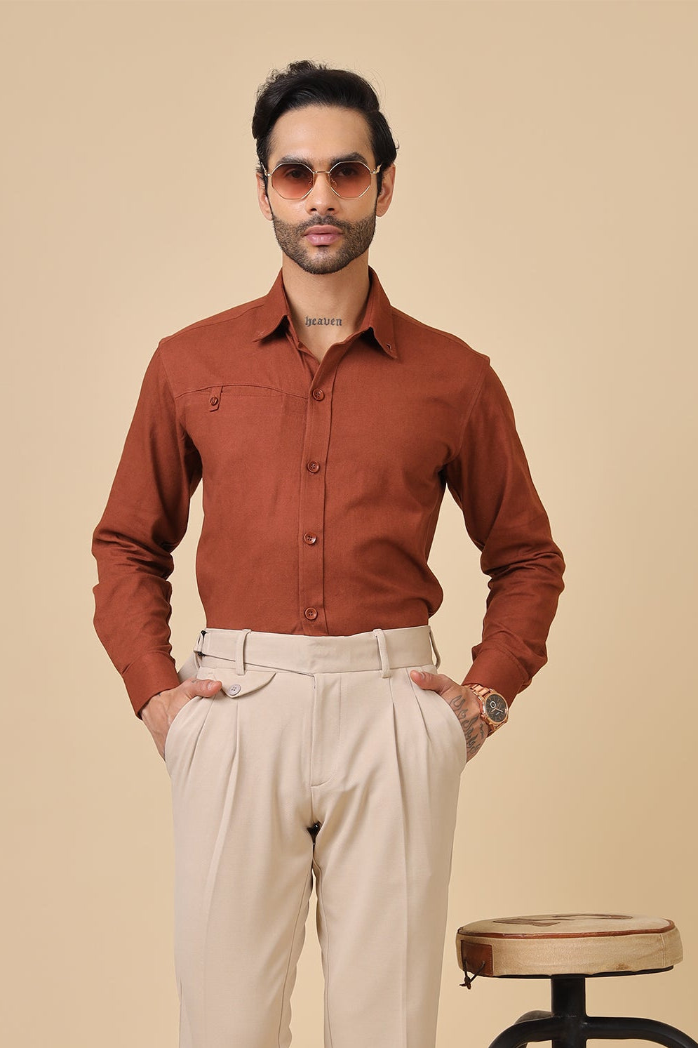 Textured Brown Casual Shirt With Chest Utility Detail