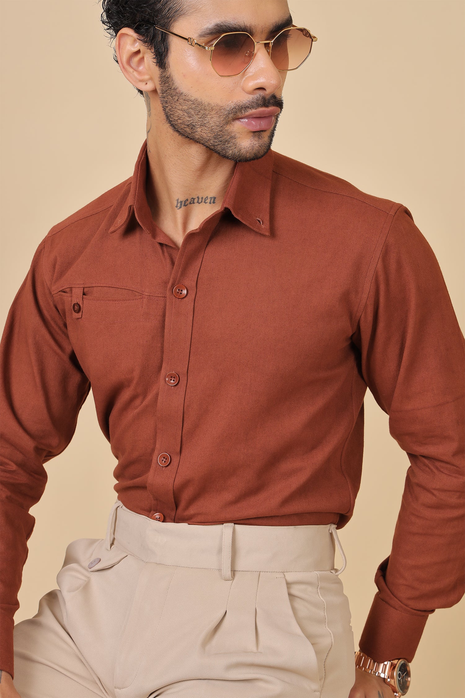 Textured Brown Casual Shirt With Chest Utility Detail