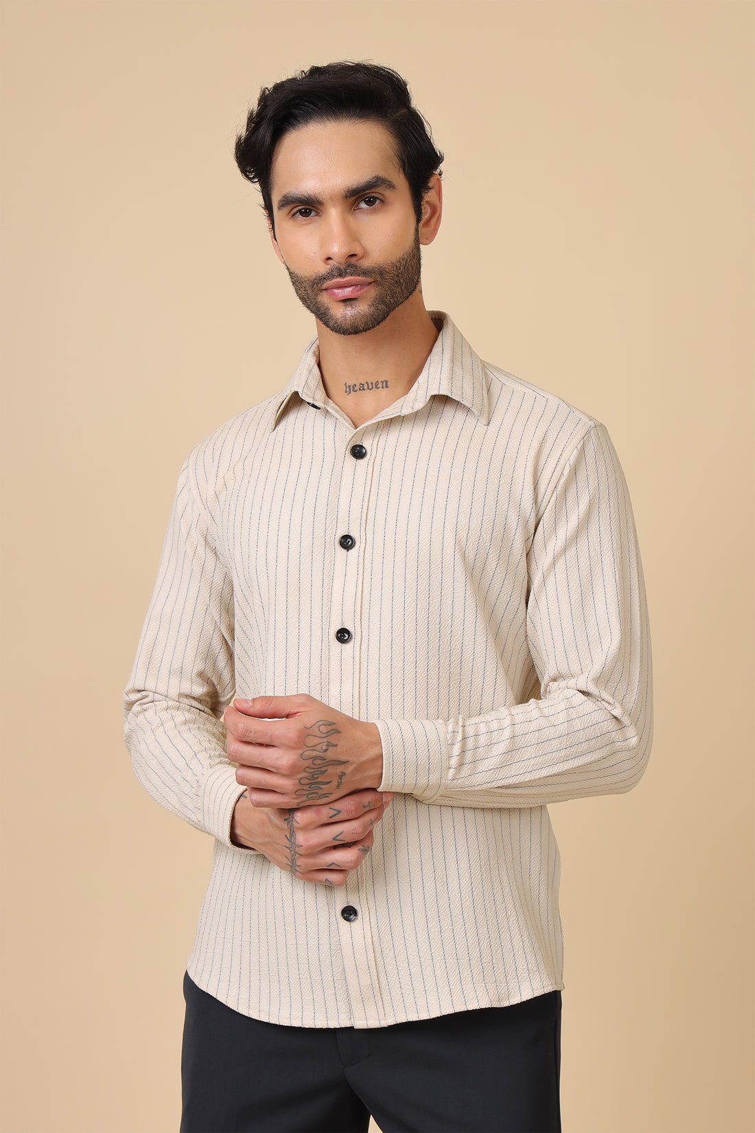 Beige Waffle Striped Casual Shirt