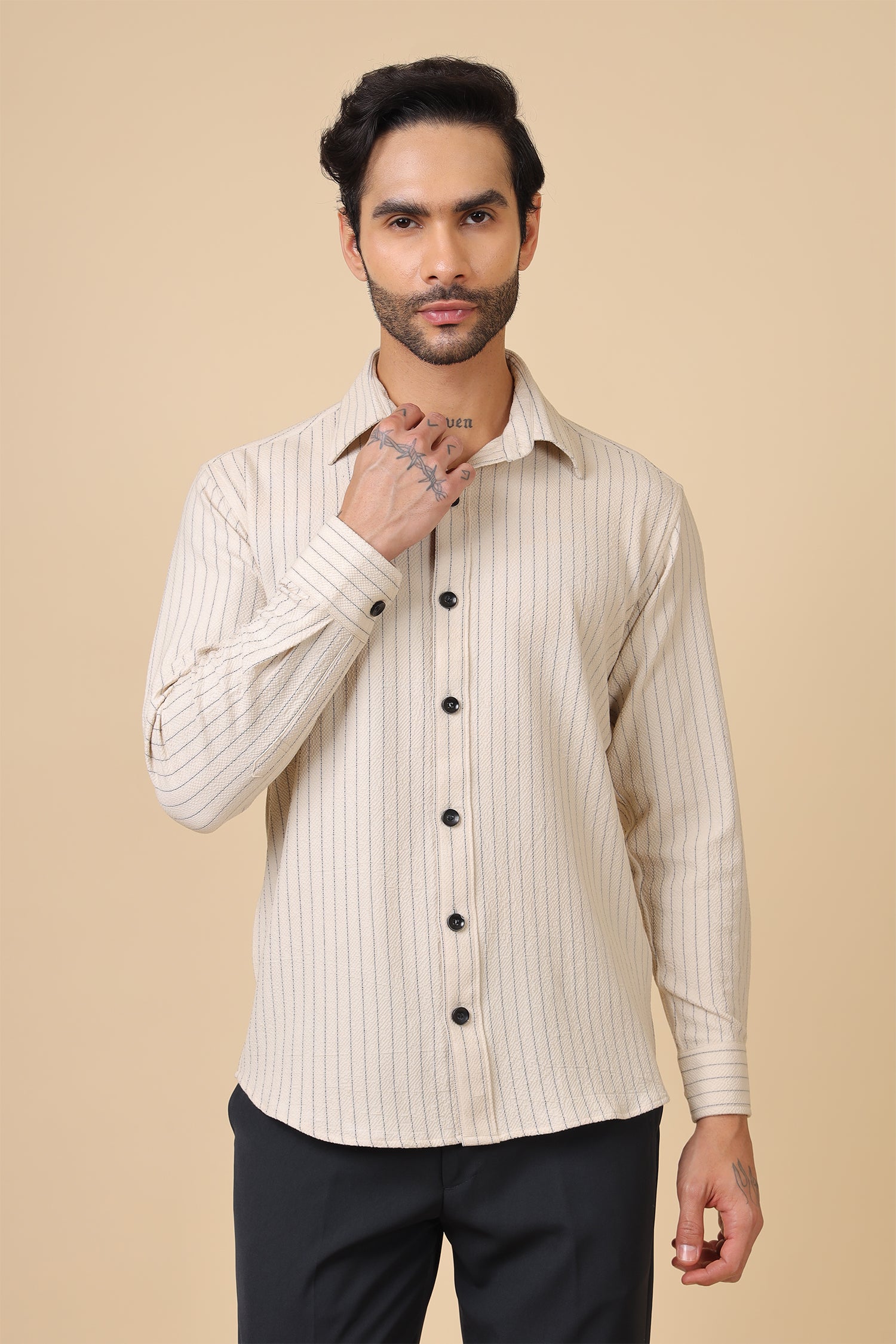 Beige Waffle Striped Casual Shirt