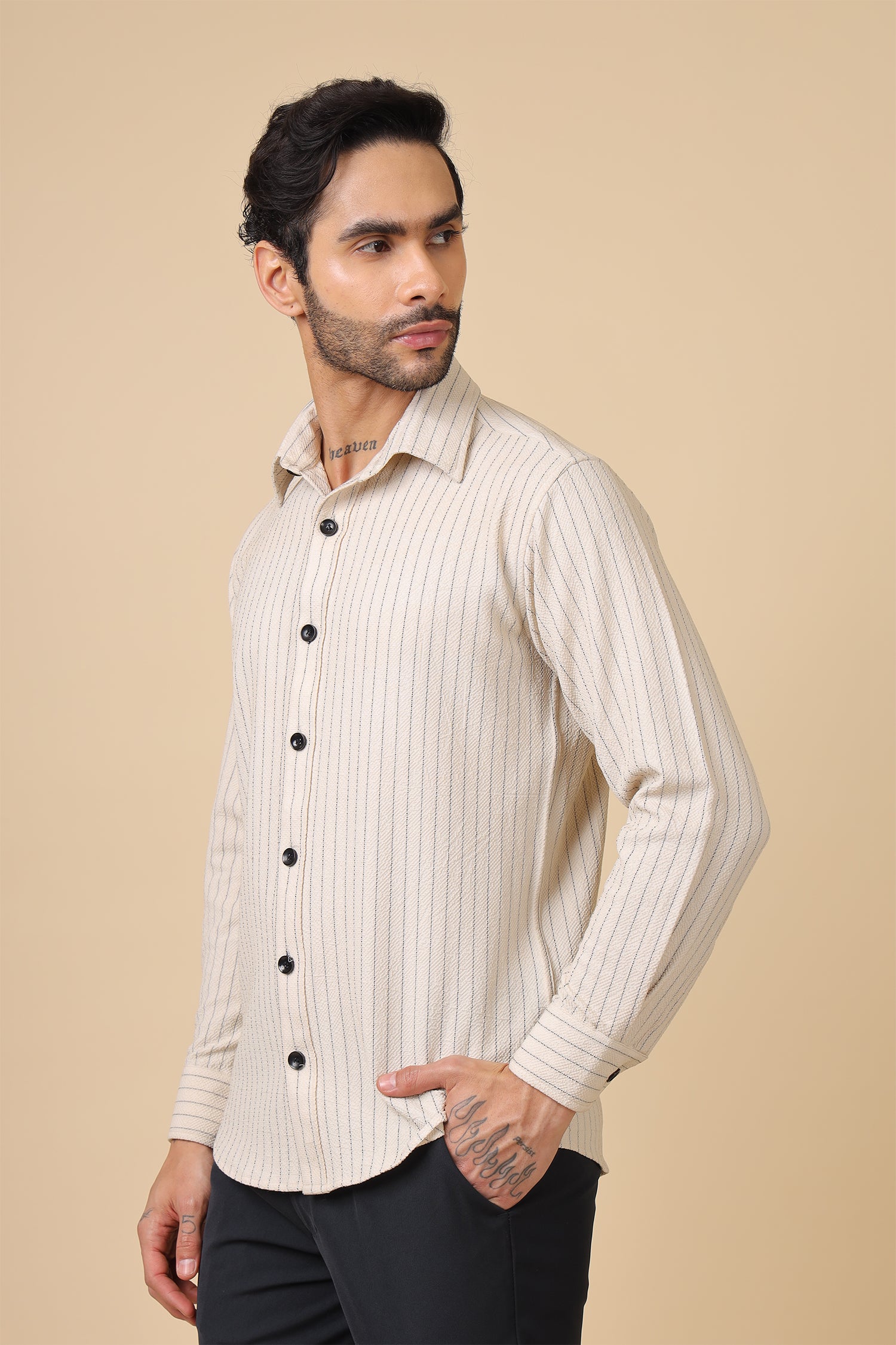 Beige Waffle Striped Casual Shirt