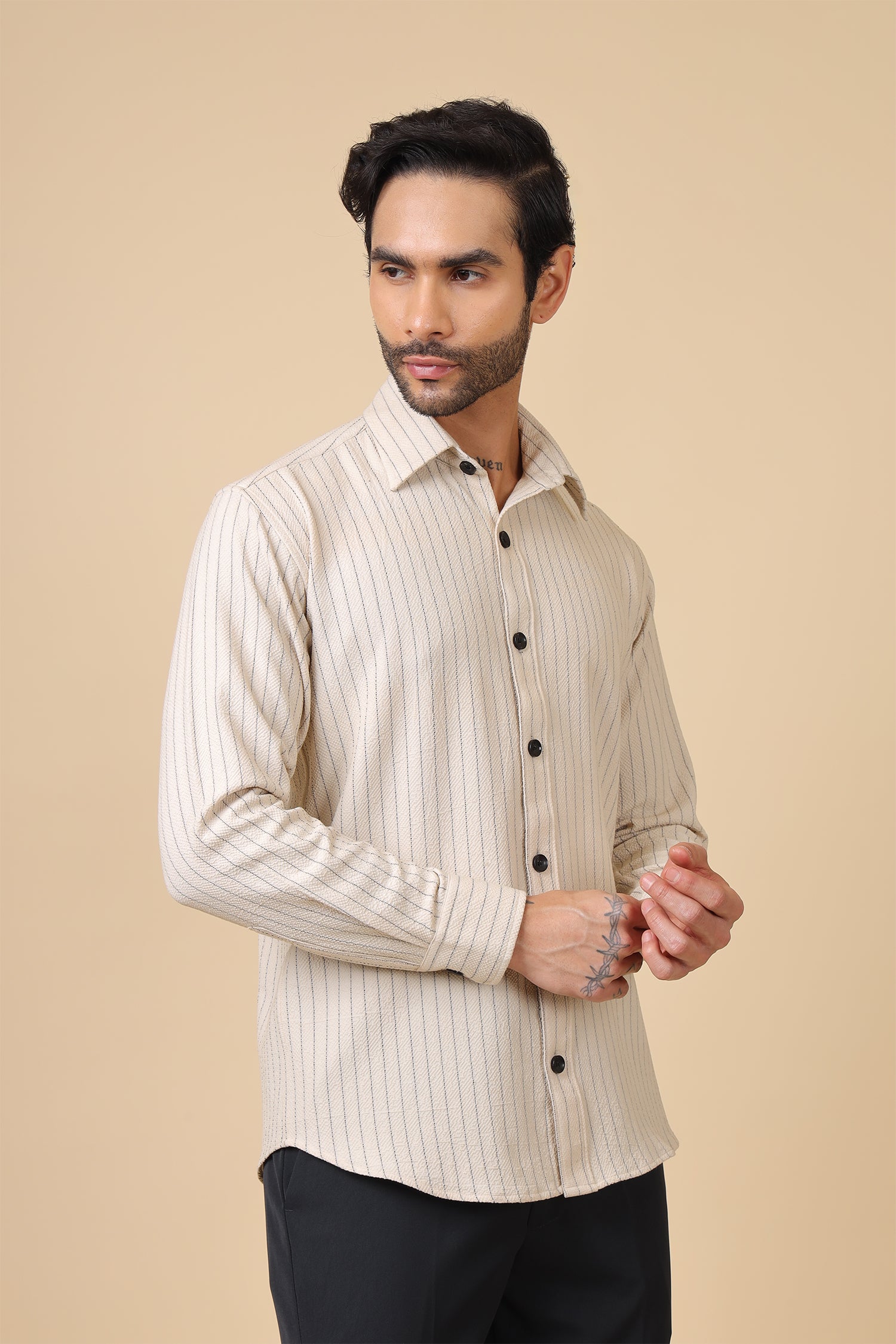 Beige Waffle Striped Casual Shirt