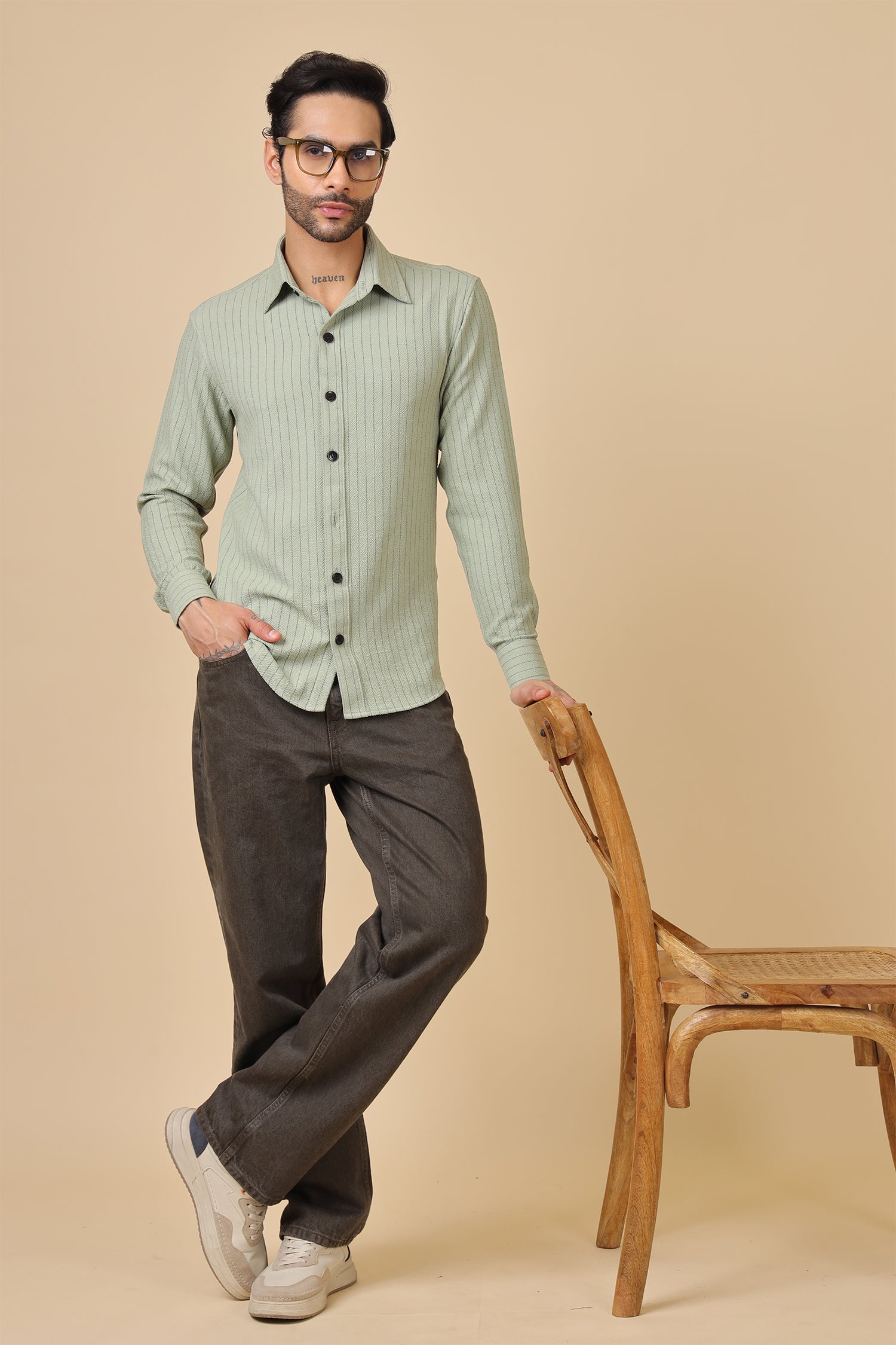Green Waffle Striped Casual Shirt