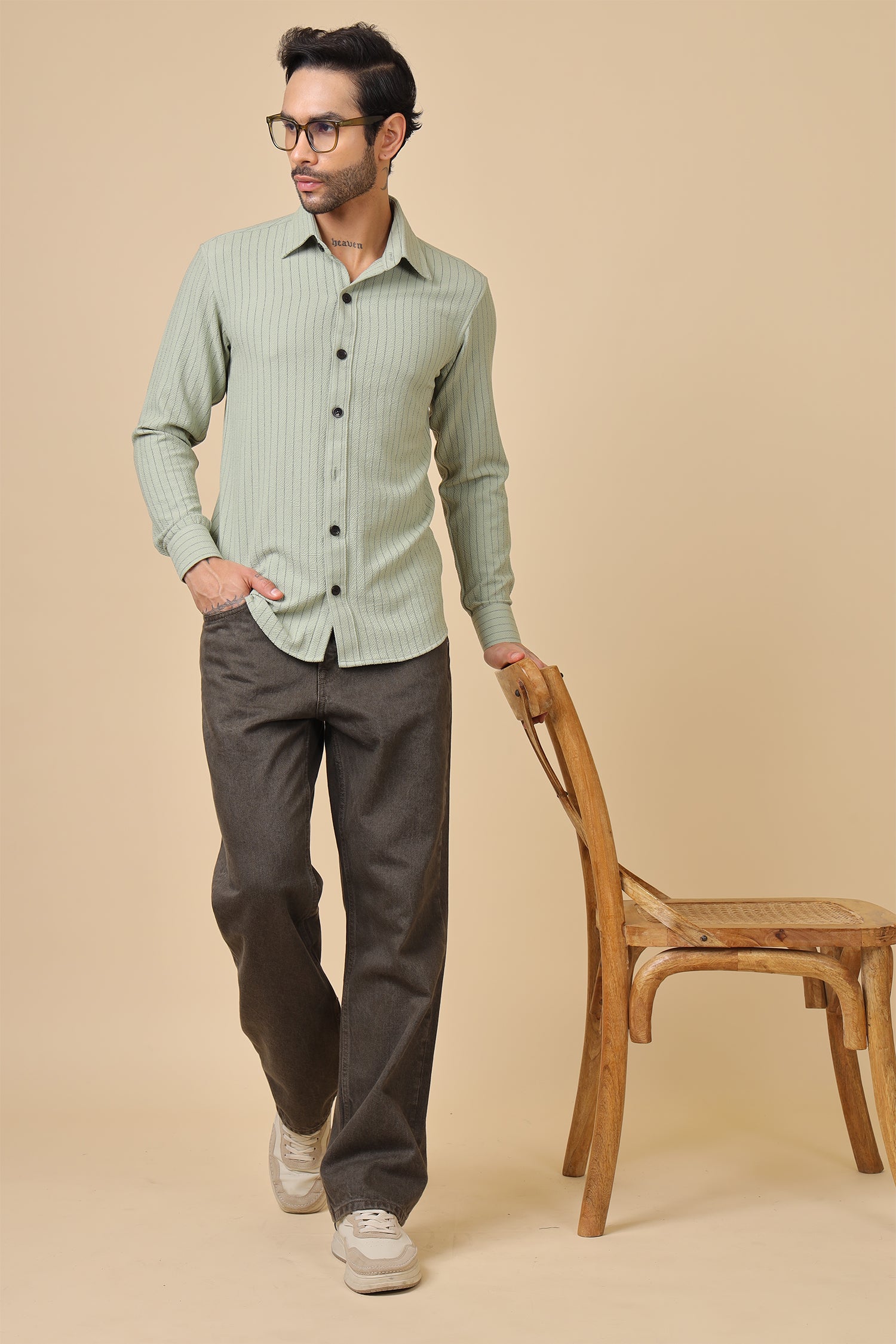 Green Waffle Striped Casual Shirt