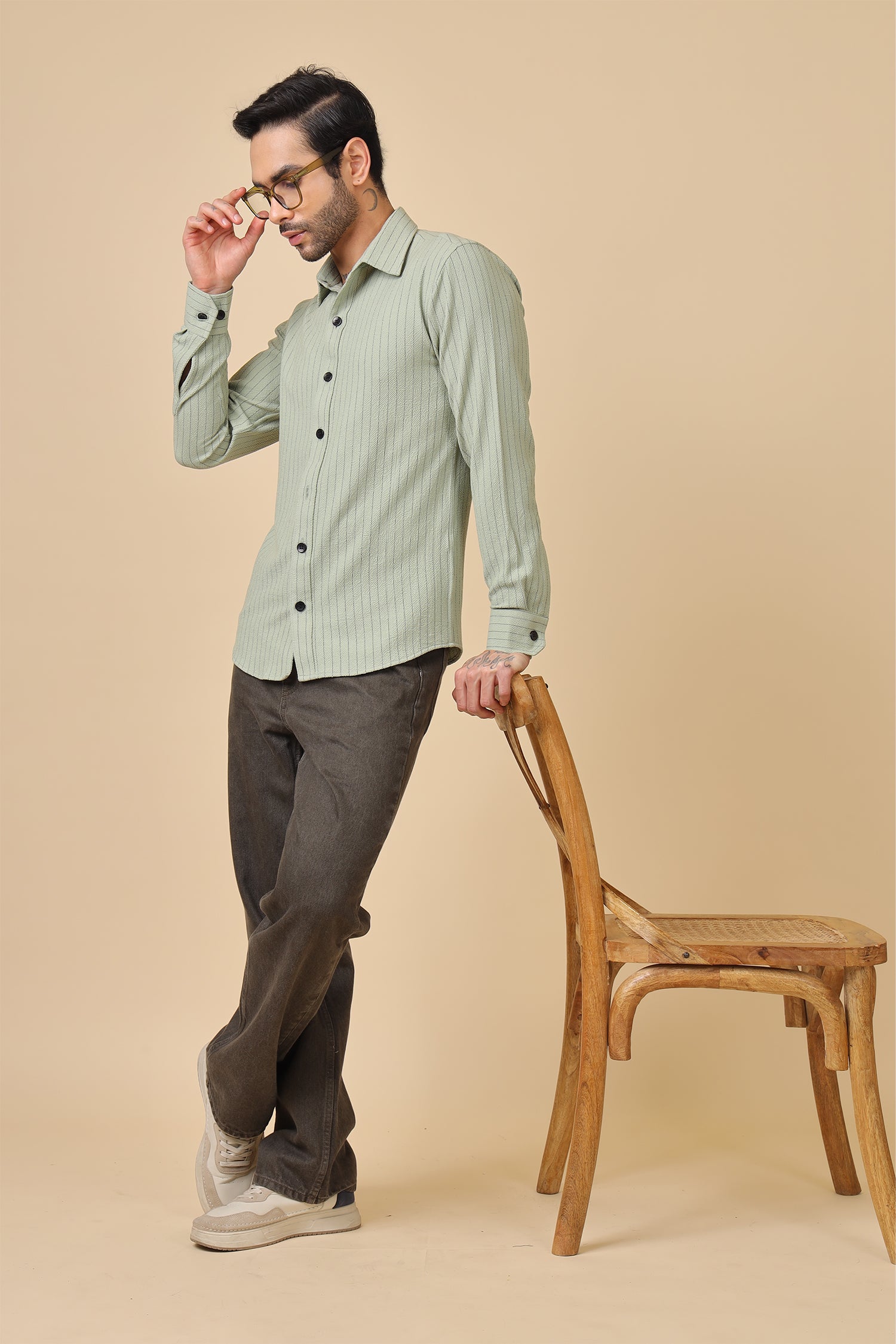 Green Waffle Striped Casual Shirt