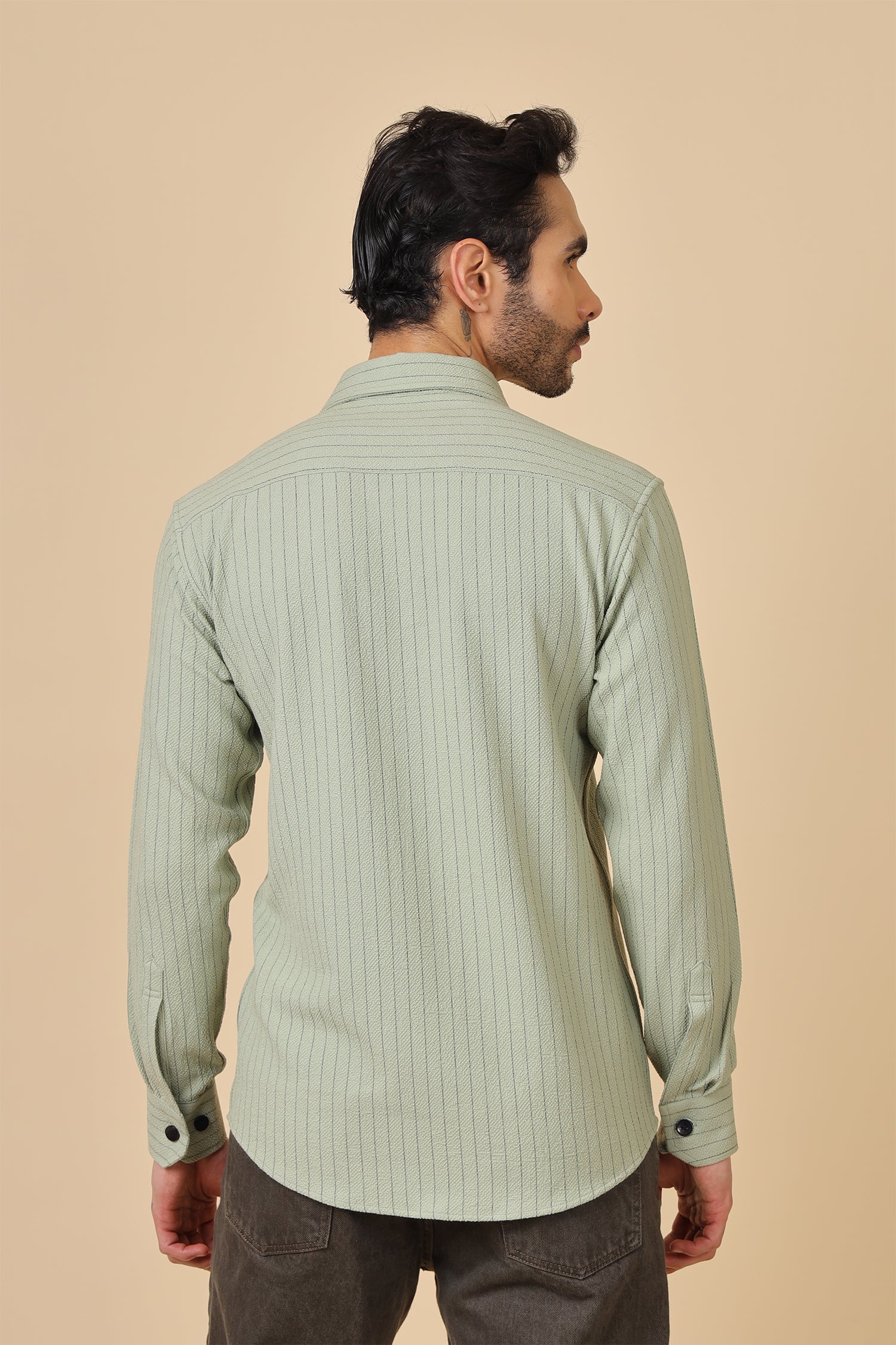 Green Waffle Striped Casual Shirt