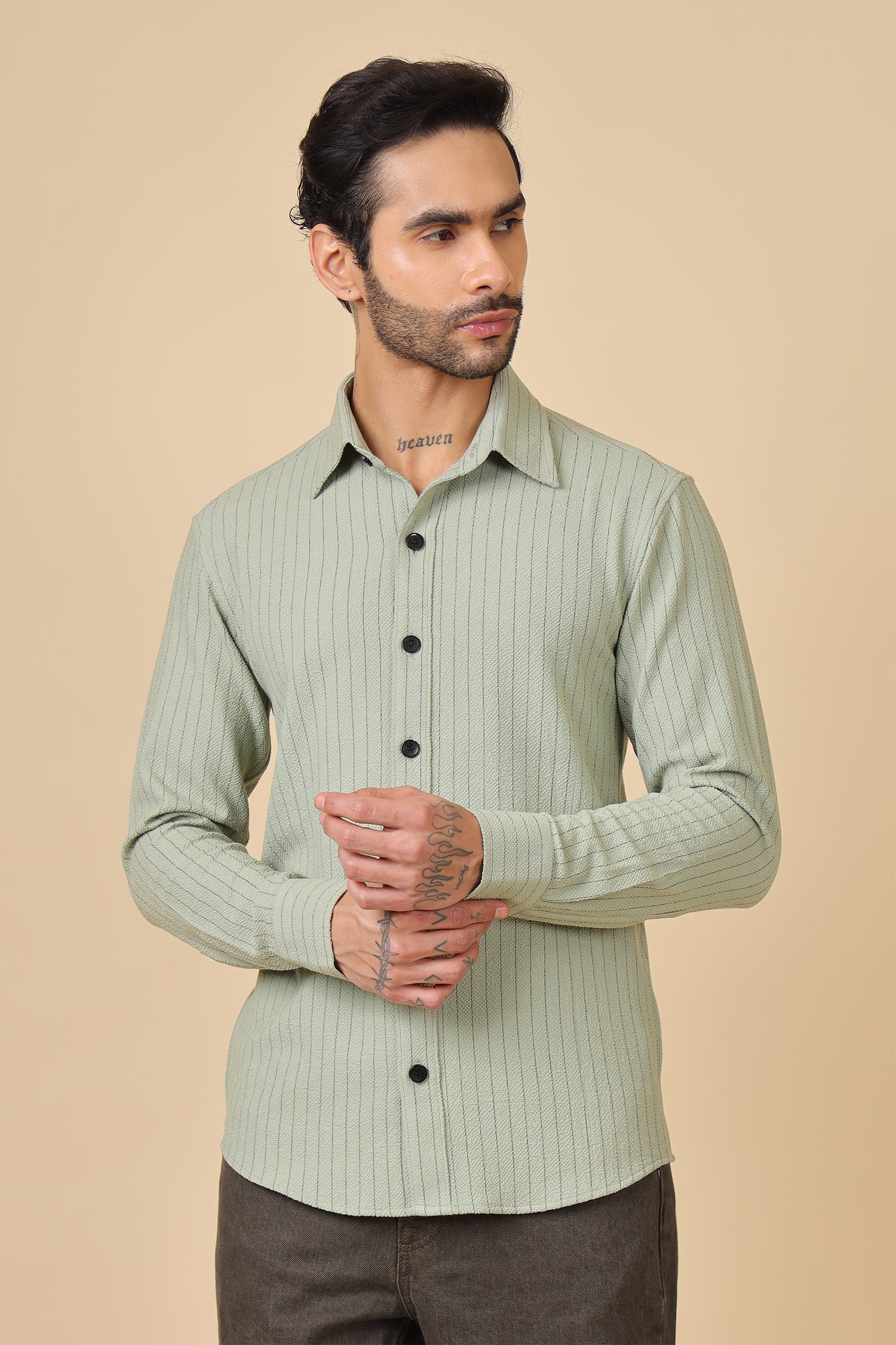 Green Waffle Striped Casual Shirt