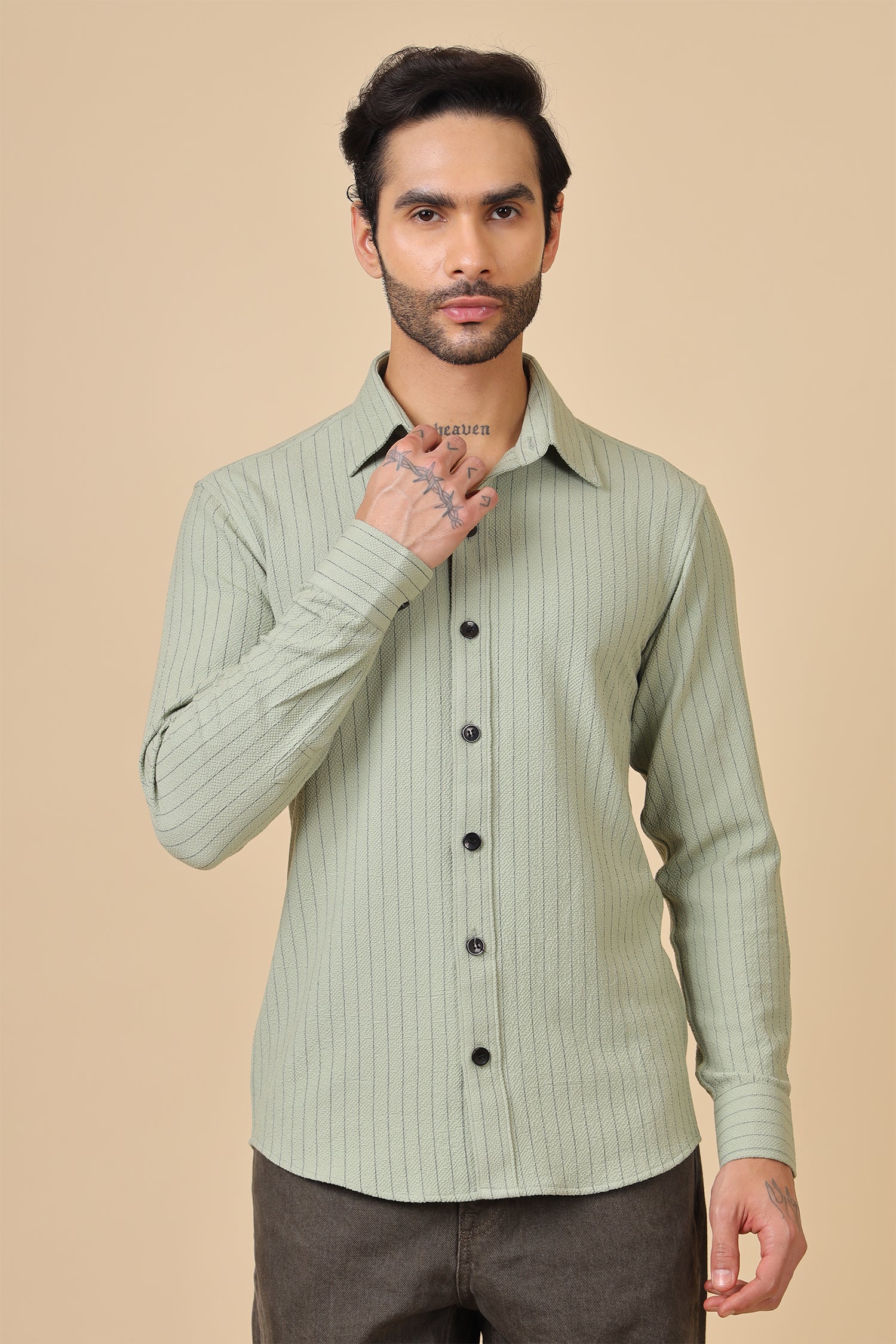 Green Waffle Striped Casual Shirt