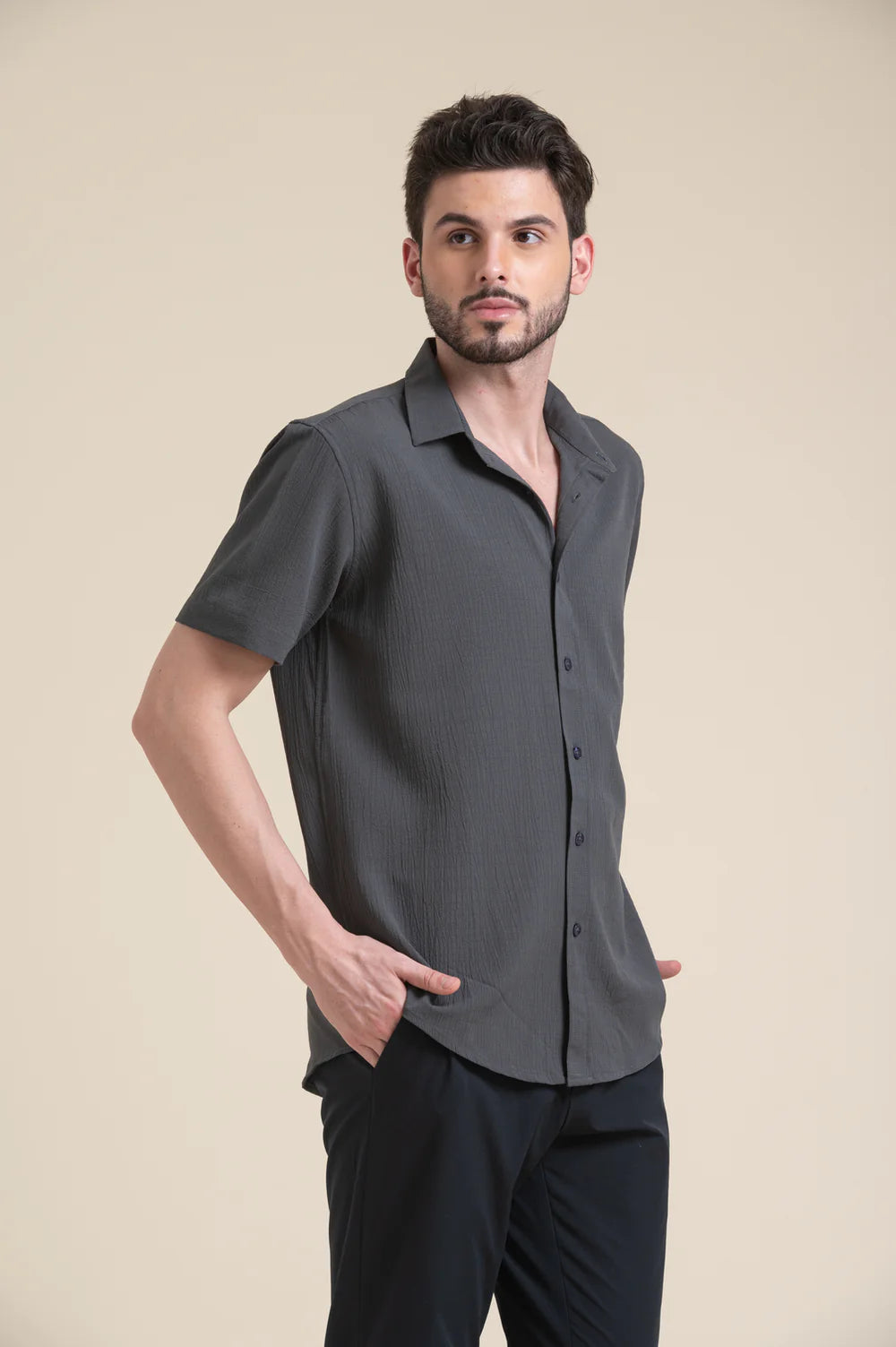 Charcoal Grey Textured Short Sleeve Shirt