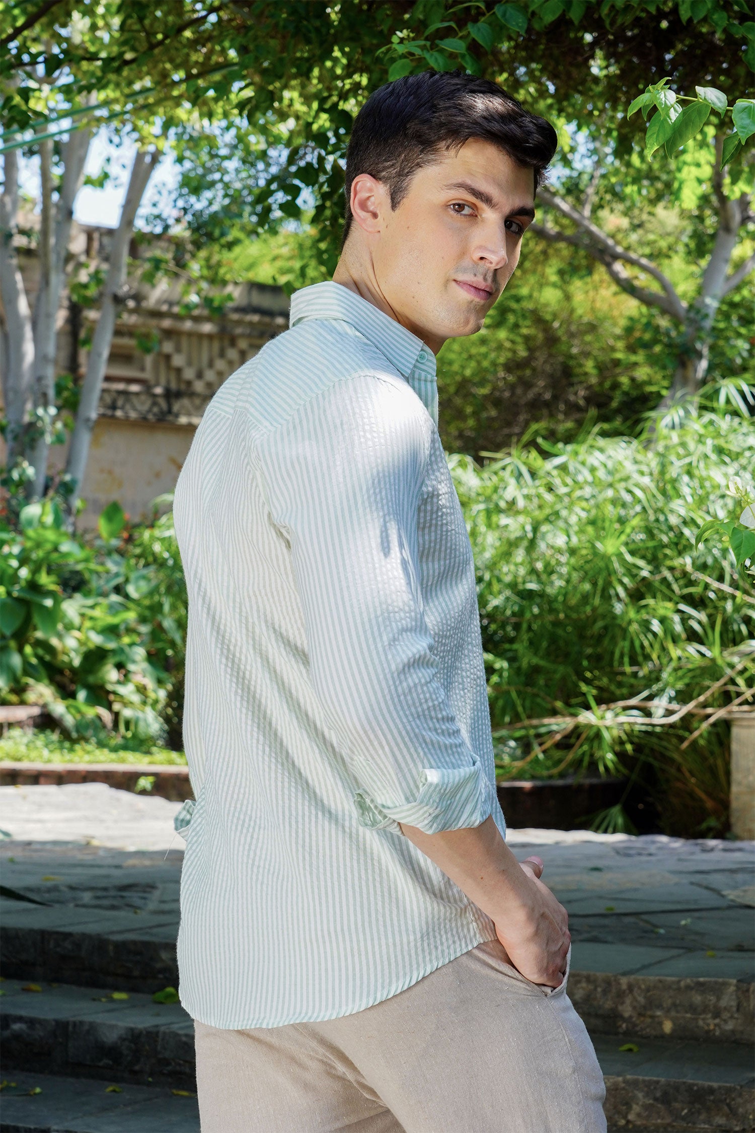 Mint Green Striped Cotton Shirt – Fresh & Refined Everyday Wear