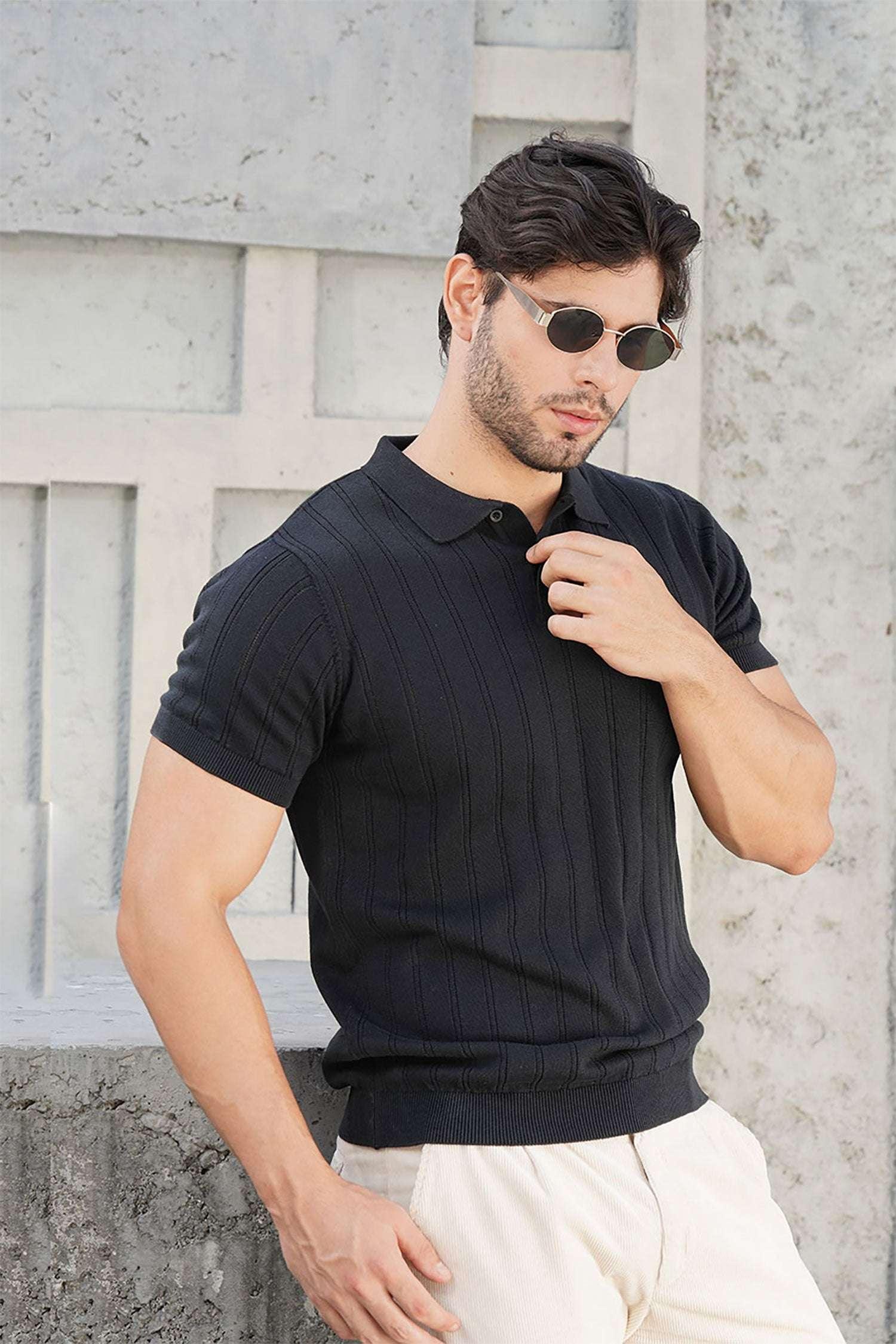 Black Textured Knit Polo T-Shirt