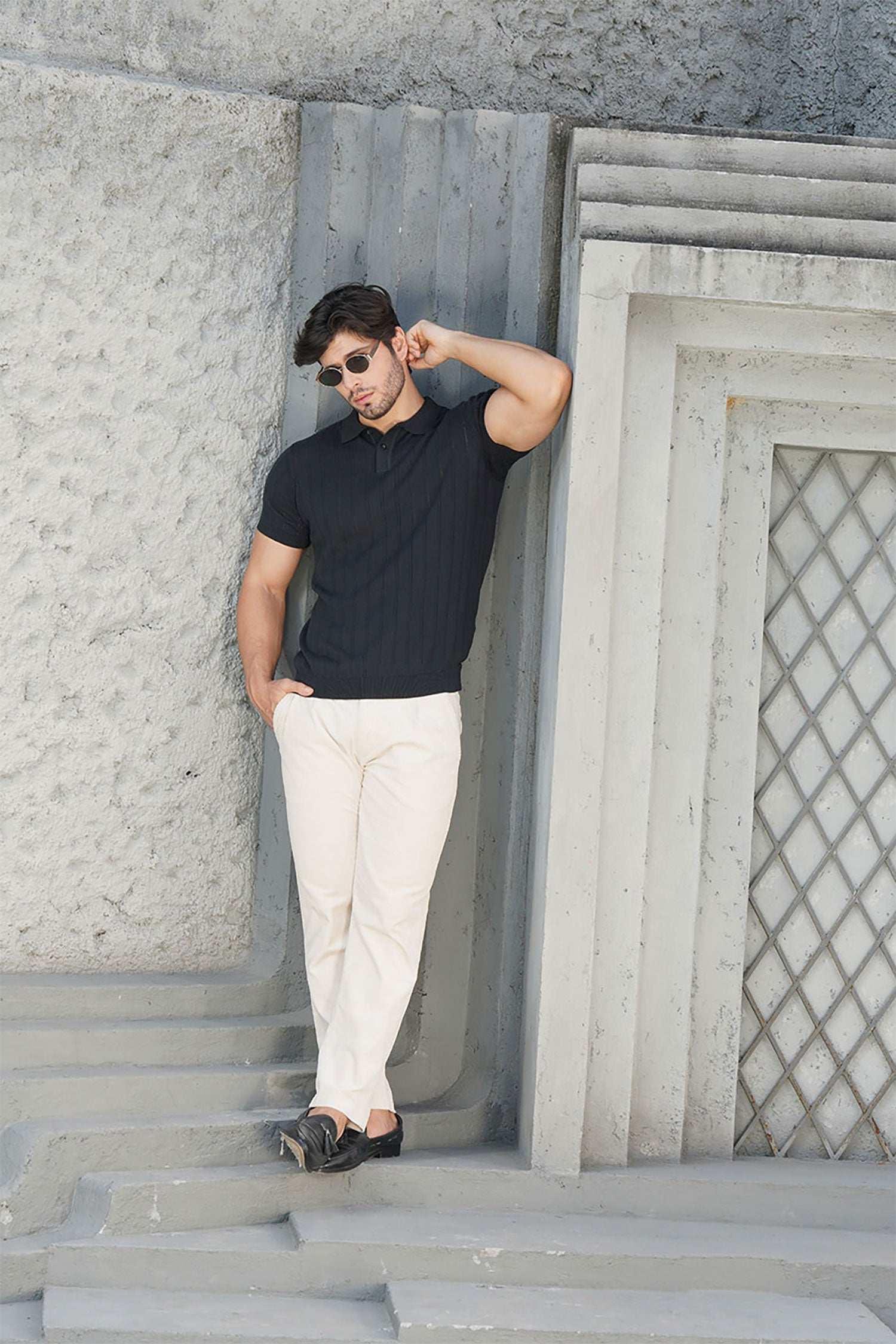 Black Textured Knit Polo T-Shirt