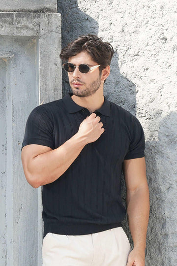 Black Textured Knit Polo T-Shirt