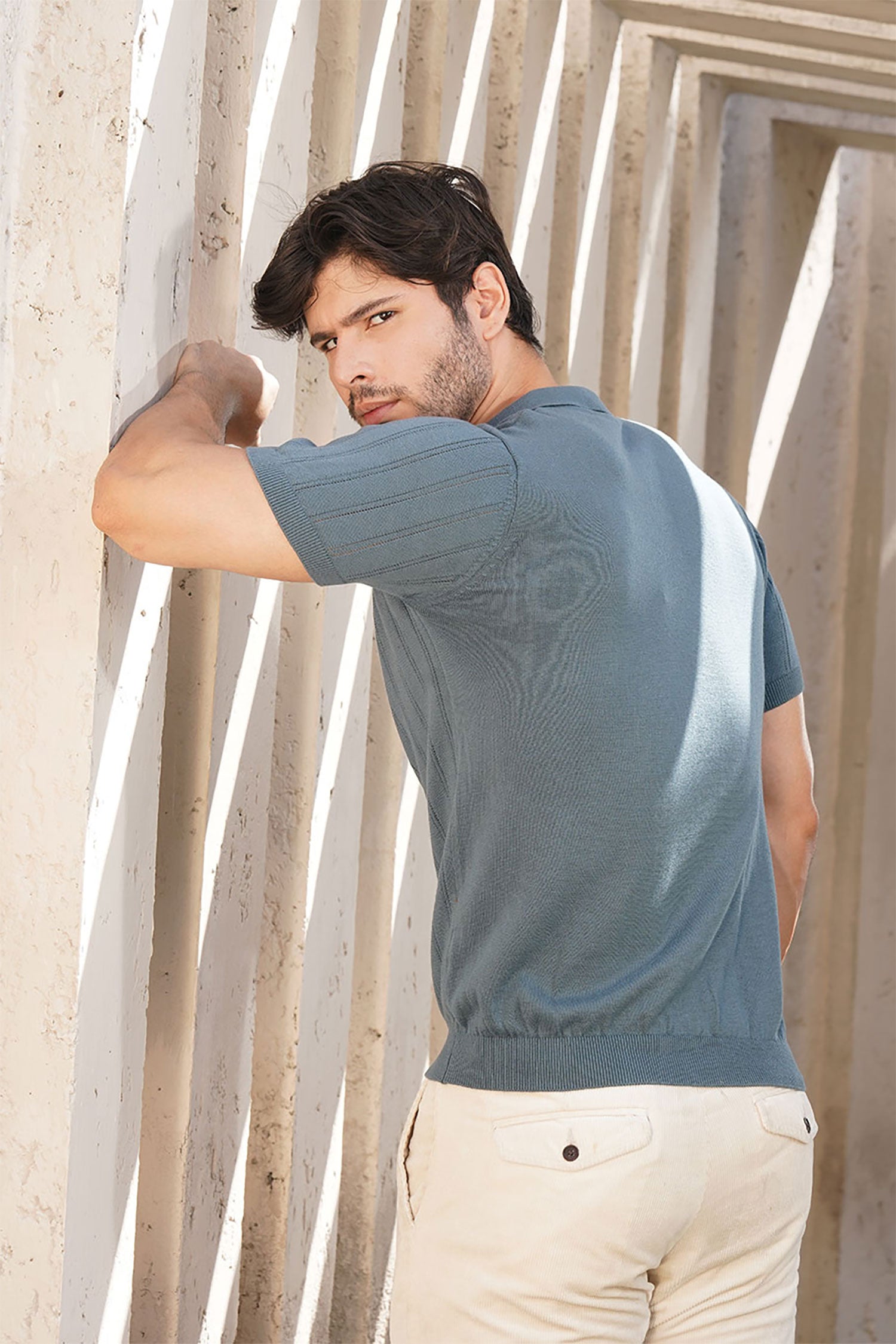 Slate Gray Textured Knit Polo Shirt