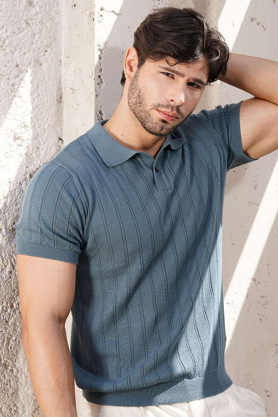 Slate Gray Textured Knit Polo Shirt