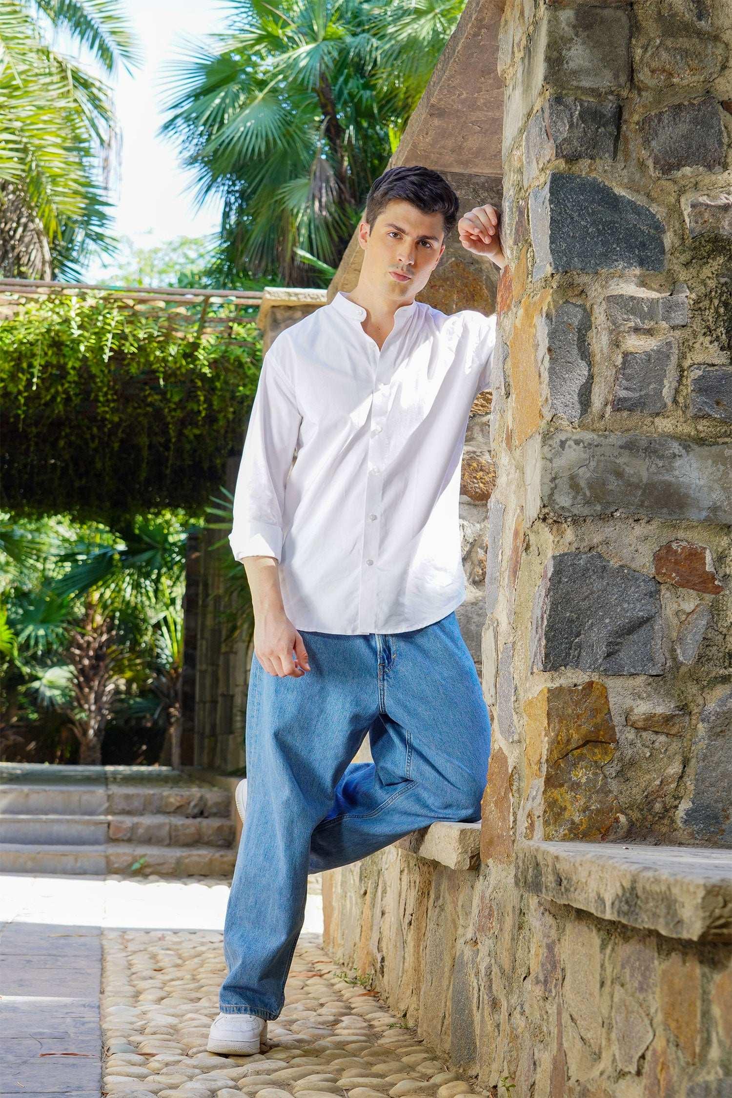 Classic White Mandarin Collar Shirt