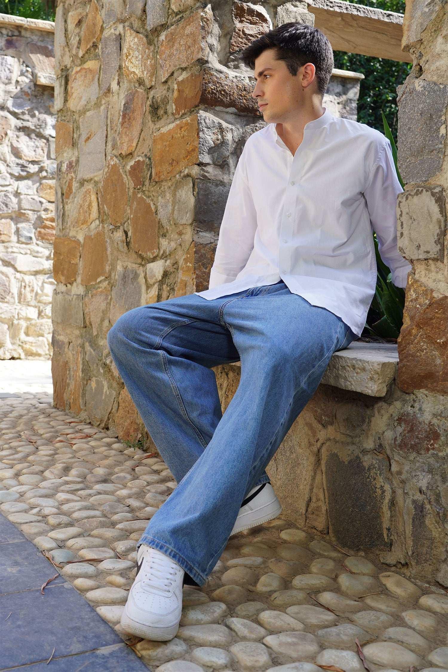 Classic White Mandarin Collar Shirt